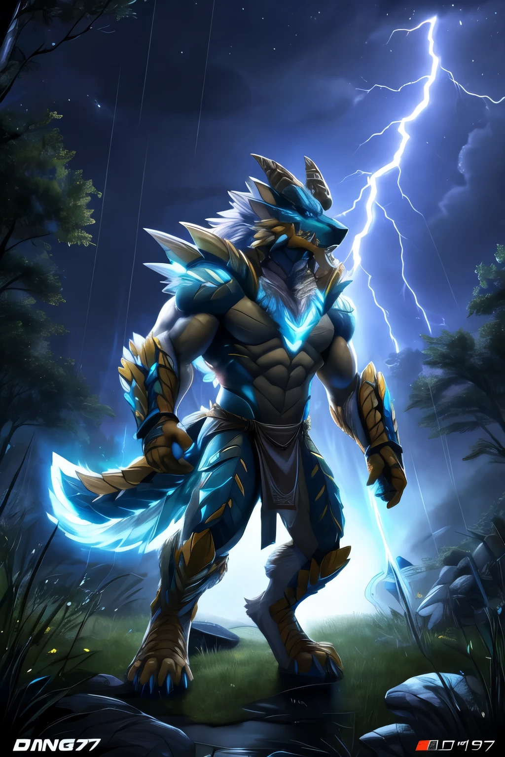 hexagons,zinogre,A male human dragon,Blue skin,Blue Short,The is erect,musculature,,Looks handsome,a backdrop of:Steep cliffs,Magic User,Thunder light,salama,rain drops,(digitgrade,toe claws),Slightly pitch black,4K level HD
