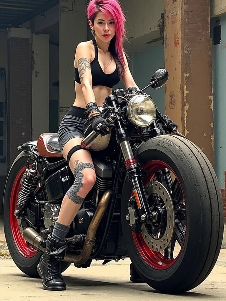 Young woman, 20s, with spiky, reddish-pink hair, sits astride a custom motorcycle with a giant, circular tire.  Rough, grunge-style character design.  Her attire comprises a black sports bra, dark gray biker-style shorts, and bandaged forearms and knee.  She wears dark gloves and boots.  Her expression is confident and determined, a focused gaze directed towards the wrench in her hand, suggesting a mechanic or maintenance task.  Her facial features are bold, with a slightly gaunt appearance.  Her skin is toned, appearing weathered and textured.  Motorcycle design emphasizes exposed mechanics, with an American flag-themed stripe running down its tank.  The environment is urban and futuristic, suggested by the motorcycle’s unique design.   The lighting is dramatic, casting strong shadows that create a sense of depth and dynamism. The color palette consists of muted, earth tones mixed with accents of red, gray, and black.  The tire's texture and the exposed metal parts of the motorcycle are meticulously rendered, giving a sense of robust construction.  The composition is dynamic and dramatic, with a low angle showcasing the character.  The style is illustrative, comic book, or graphic novel-inspired, with bold lines and distinct shading.  A gritty and mechanically-driven aesthetic. 