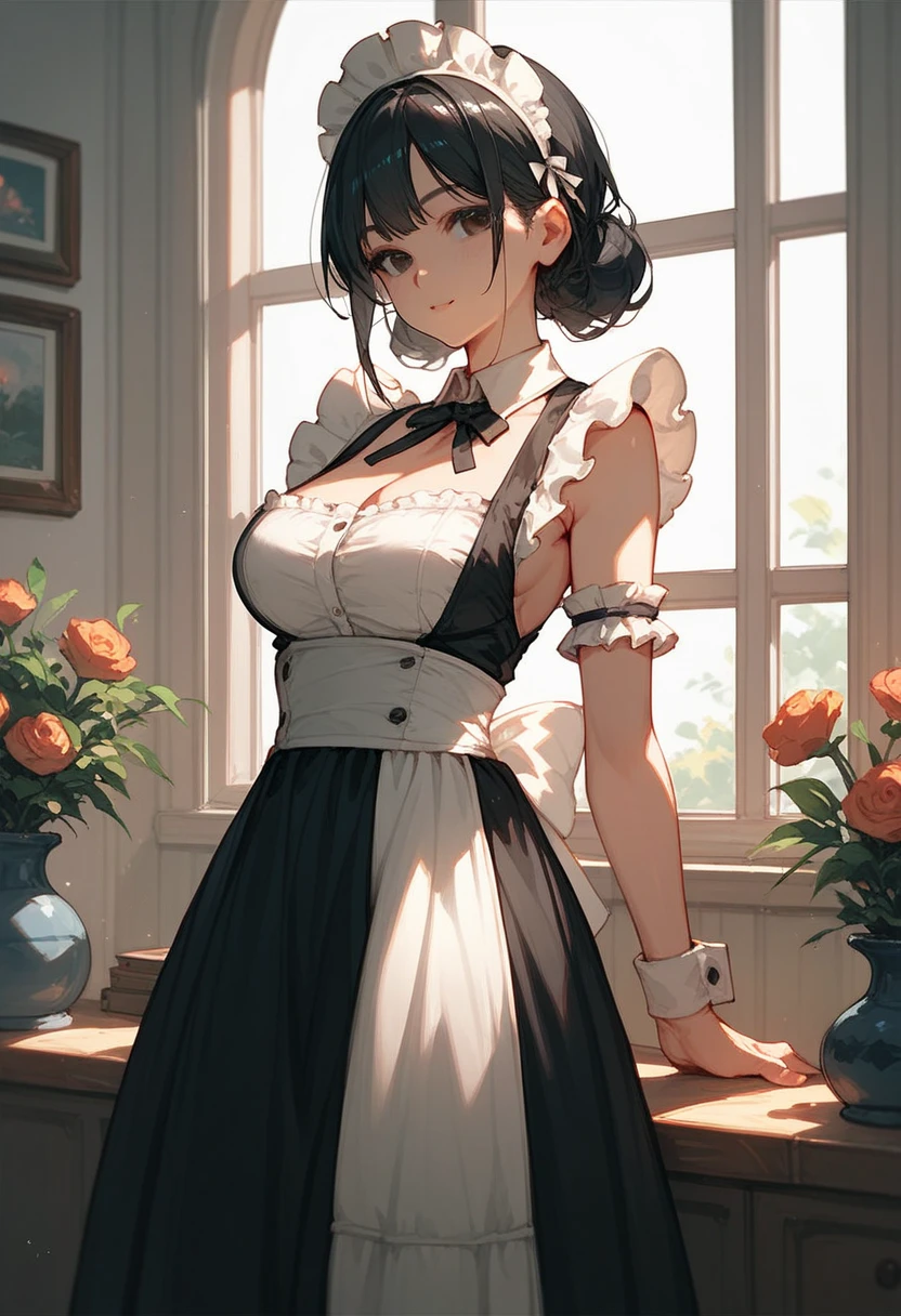 high quality, 最high quality, Realistic, RAW Photos, Realistic, Ultra-realistic 8K CG, Super detailed, High resolution, masterpiece, 1 girl, 18-year-old, Beautiful face of a woman, Soft Face, elegant, Detailed Texture,  Maid headdress, apron, chest, Long sleeve, bangs, White shirt, Black Dress, Side Lock, メイド apron, Black Pantyhose,biomechanical boobs,solo、A greenhouse full of flowers、50mm lens
