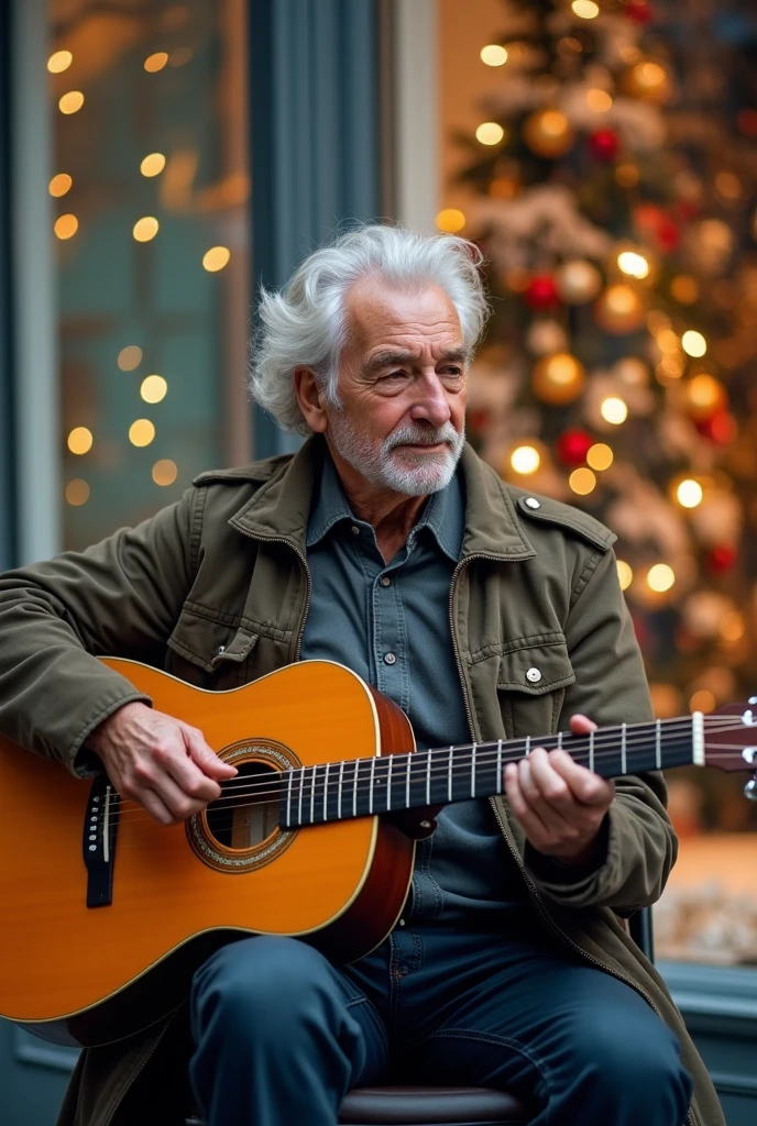 mulatto man, 60 years old, sitting in a chair playing guitar near a Christmas display window, high quality, 4k