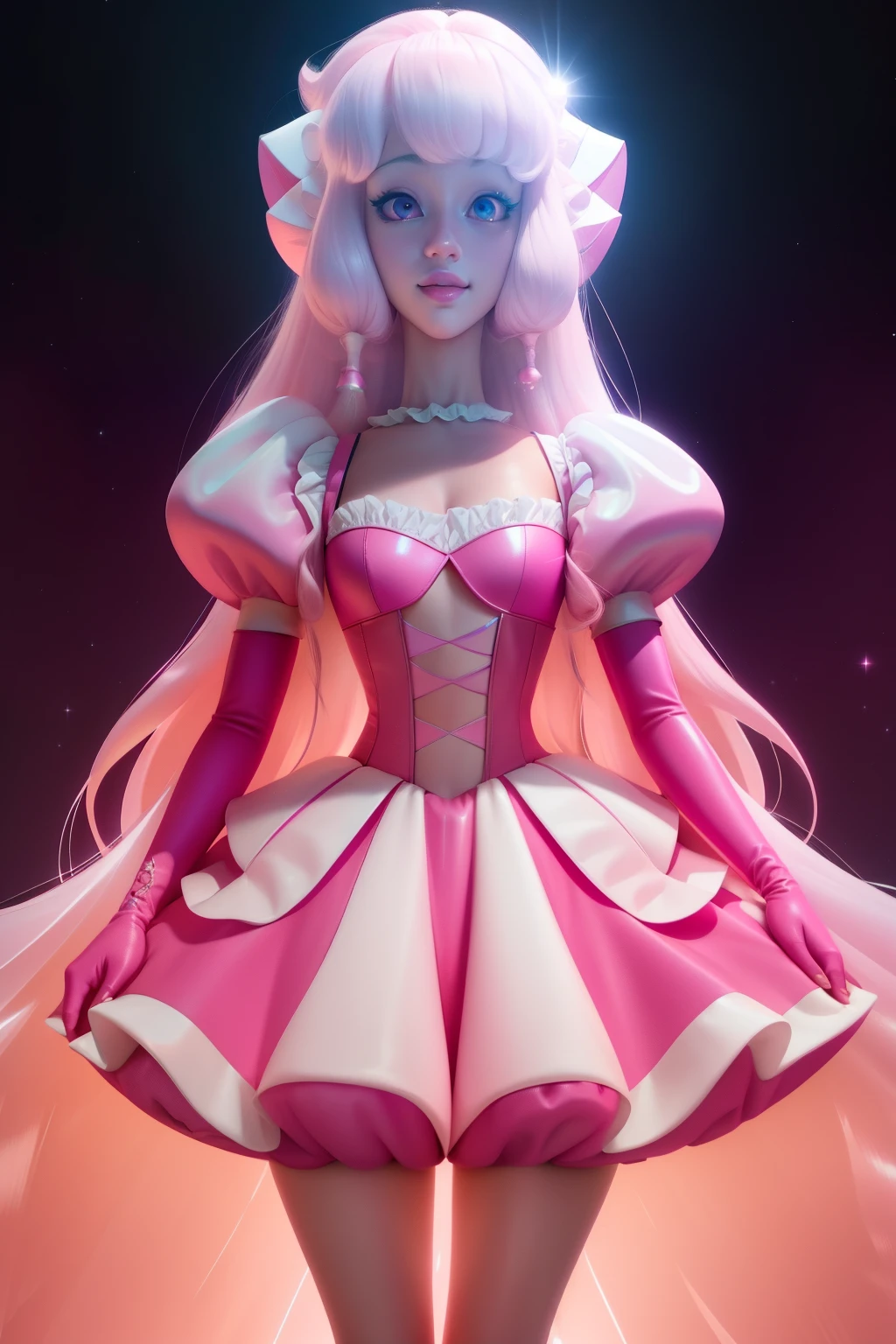 pnkdamond, pink hair, pink eyes,  long hair,  stomach gem,  pink skin,  toned, 
puffy short sleeves, elbow gloves ,  white thighs,   Puffy dress, 
standing, Upper part of the body, 
 outer space,  
(incredibly detailed, beautiful detailed face,Beautiful detailed eyes, Masterpiece, Best Quality) cinematic lighting,  SMILE, 
 