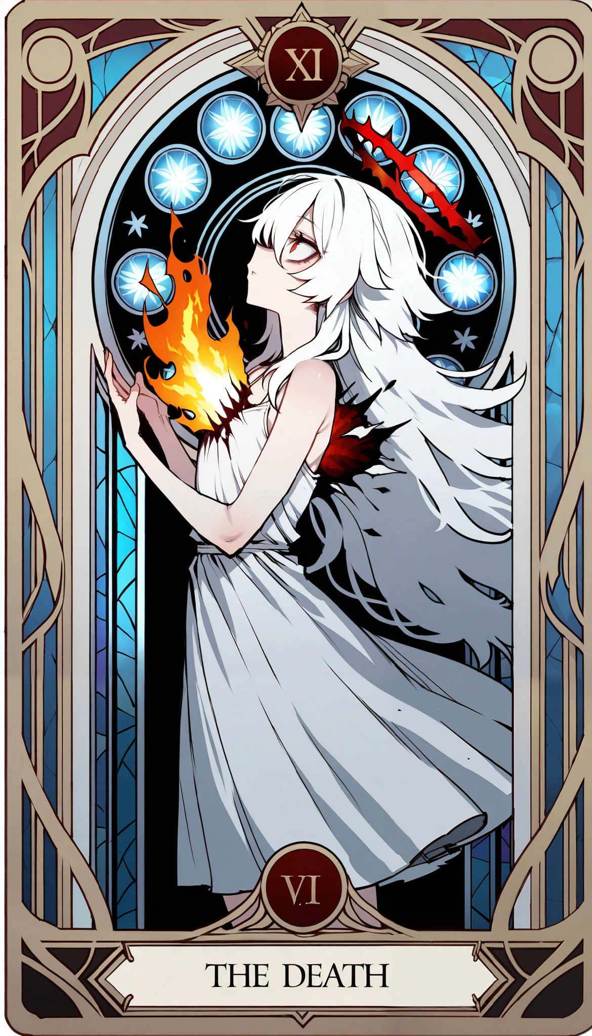 (ratatatat74:0.85), (ssambatea:0.7), 1girl, white hair, very long hair, big hair, hair between eyes, red eyes, split pupils, looking up, from side, flat chest, white simple dress, (disintegration, body breaking into shards), bones, gore, fire halo, text: The Death, majestic, nontraditional media, (tarot (medium), tarot, stained glass style), masterpiece, best quality, amazing quality, very aesthetic, high resolution