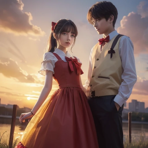 Fan art; One girl, One boy, dress, Outdoor, Red Sky, Yellow ribbon,, Super detailed