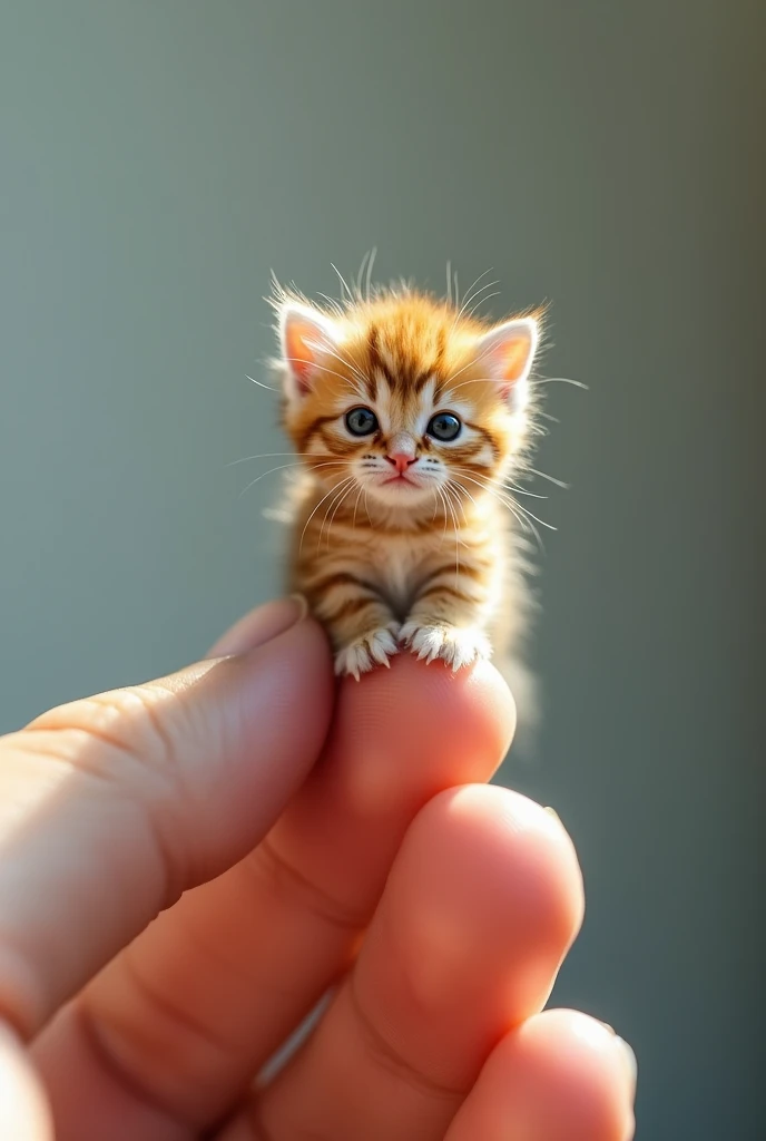 The micro kitten on the index finger has a beautiful coat and is 8K