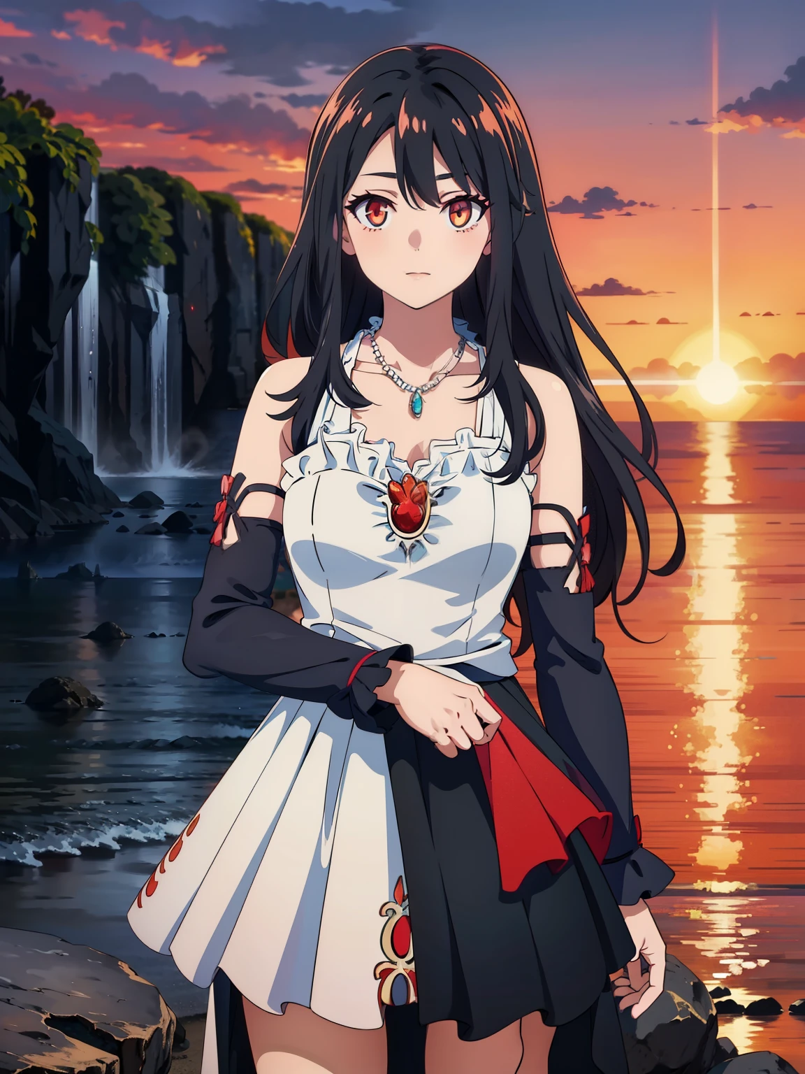 (high-quality, breathtaking),(expressive eyes, perfect face) 1girl, female, solo, ager, black color hair, red highlight in hair, red eye color, short hair length, fluffy spiky hair, Symmetrical Eyes, portrait, positive expression, sunset, red sky, narrow eyes, fingerless glove, dress, necklace, stylized hairstyle, YunaSongstress, lace, detached sleeves, ocean background, embers, gradient