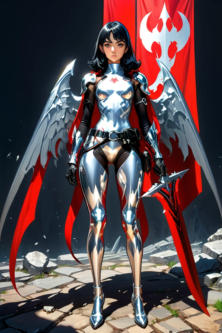 low angle, from below, paladin templar lady in white tabard, legwear, glowing yellow eyes, collar, golden chainmail, wide hips, barefoot, angel wings, pauldrons, halo, bob cut, blonde, eye focus, red cape, temple indoors, decorations, stained glass windows, night, particles, chromatic aberration, detailed, cinematic, dark scene, fantasy <lora:sxz-comic-bw-x:0.7> bw, comicbook style, linear hatching,