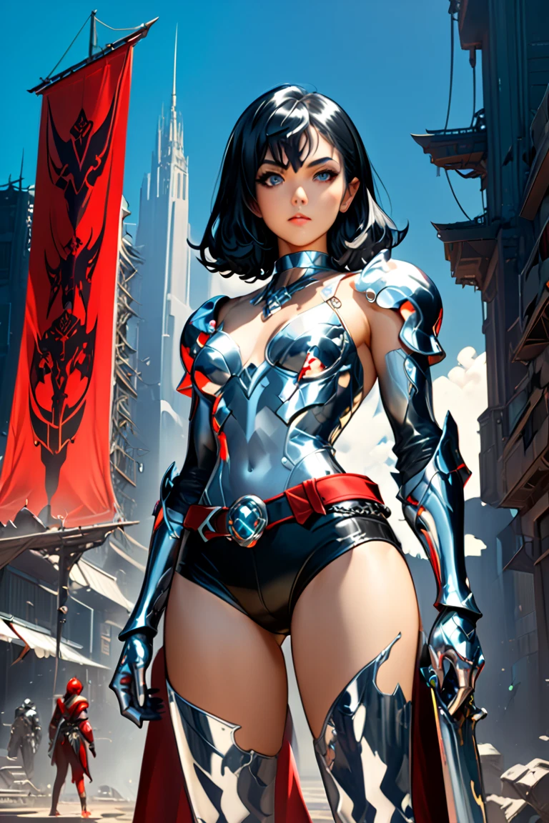 (masterpiece, best_quality, ultra-detailed, immaculate:1.3), epic, illustration, sci-fi samurai lord , sexy armor, pauldrons, black hair, drill hair, plantar flexion, on an airship, on the roof of a school, bombshell hair, indigo hair, hair bobbles, bent over<lyco:EnvyBeautyMix44:1>