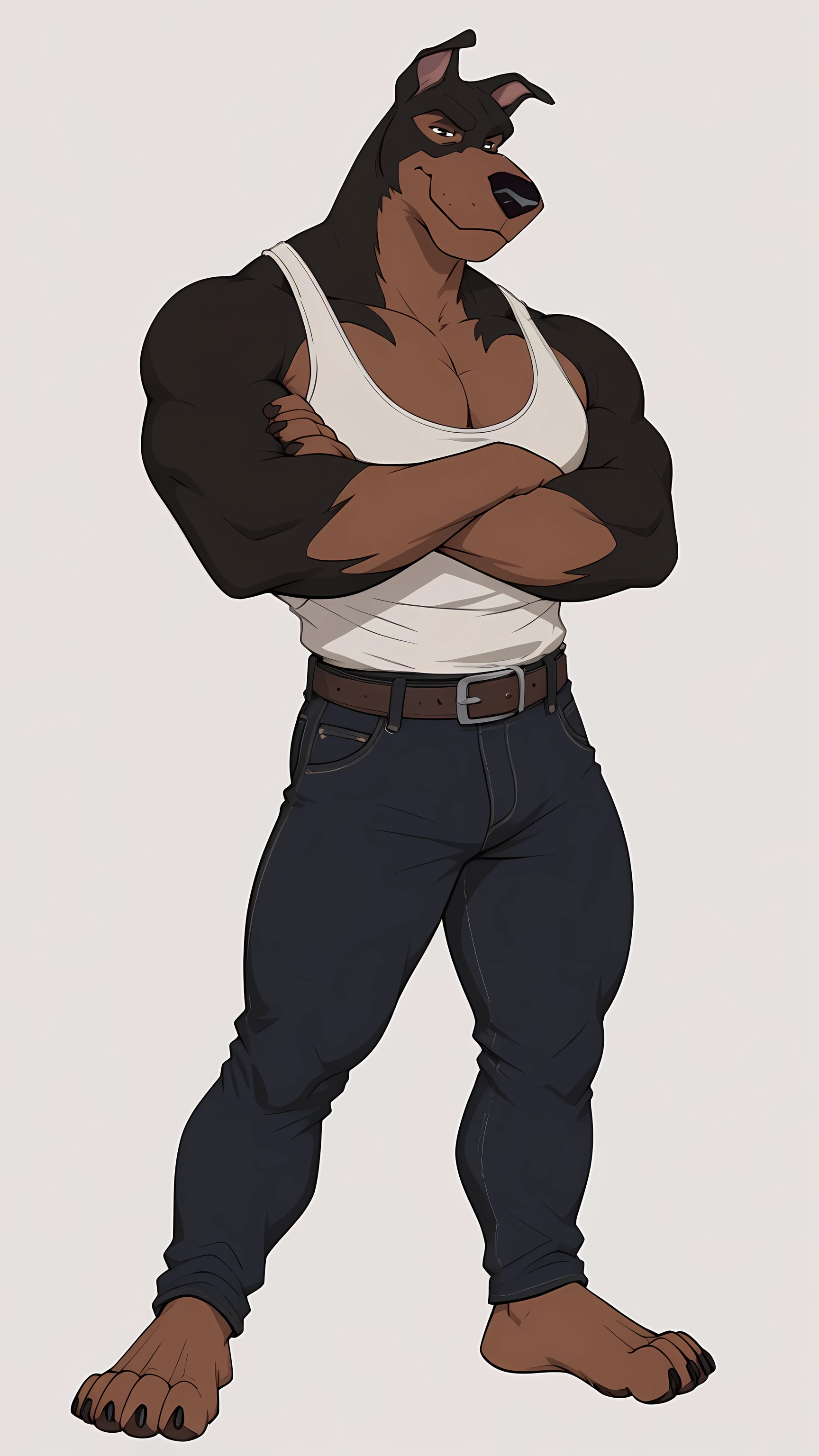 BusterLT, furry, anthro, anthro body, canine, doberman, black eyes, black nose, black body, black fur, brown body, brown fur, two tone body, two tone fur, pink inner ear, full body, heavyweight build, muscular, flat colors, simple background, detailed, posing, looking at viewer, closed mouth, smile, stern eyes, front view, arms crossed, belt, black jeans, bare feet, muscular neck, white tanktop,