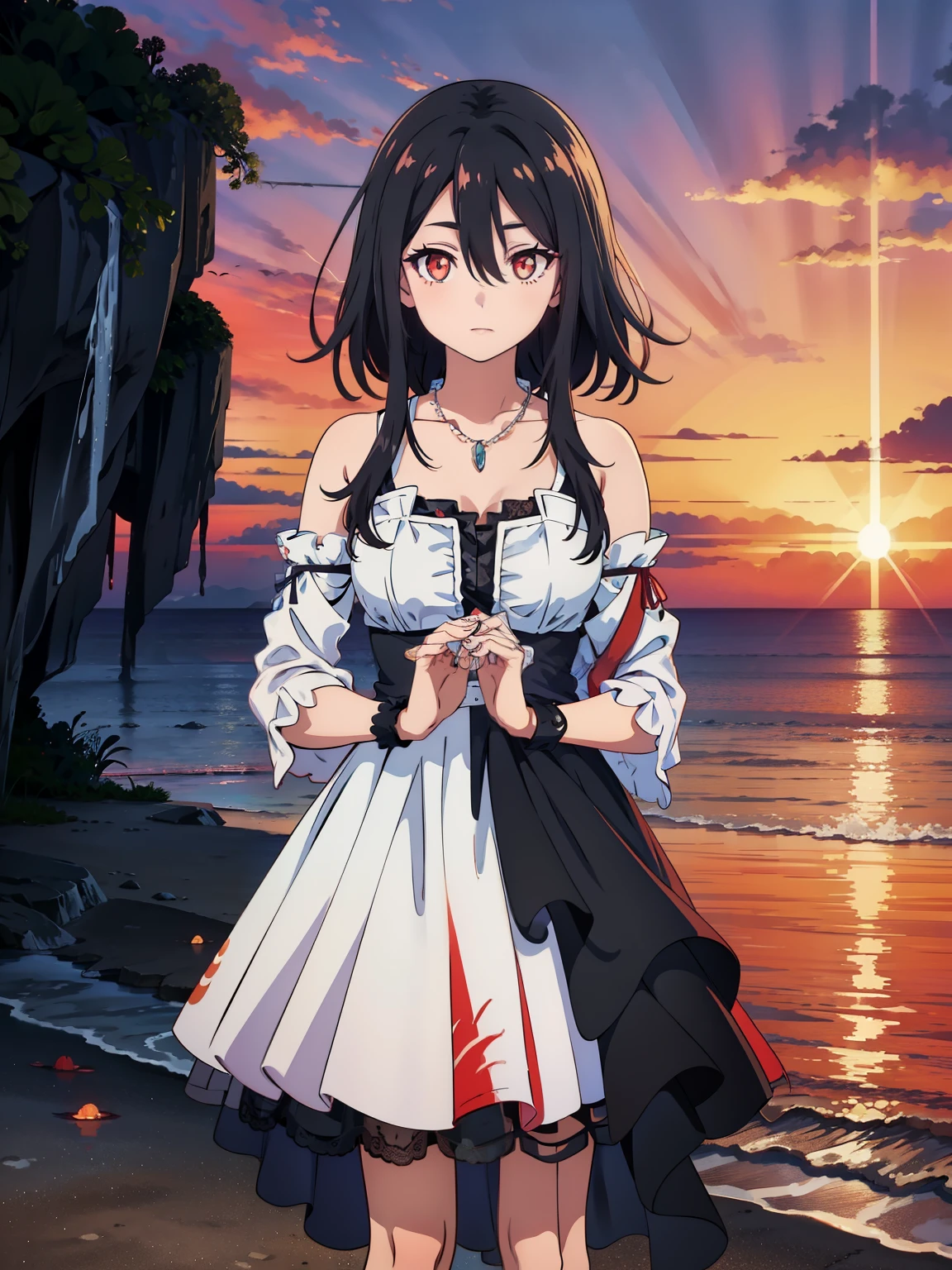 (high-quality, breathtaking),(expressive eyes, perfect face) 1girl, female, solo, ager, black color hair, red highlight in hair, red eye color, short hair length, fluffy spiky hair, Symmetrical Eyes, portrait, positive expression, sunset, red sky, narrow eyes, fingerless glove, dress, necklace, stylized hairstyle, YunaSongstress, lace, detached sleeves, ocean background, embers, gradient tips of dress
