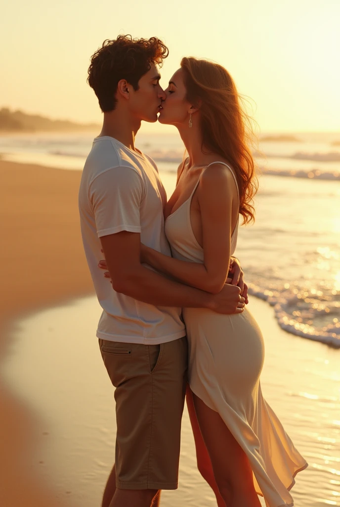 A teenager girl who wears a yellow color t shirt kissing in lips a teenager boy who wears a grey color full sleeve shirt and blue colour denim pant in beach