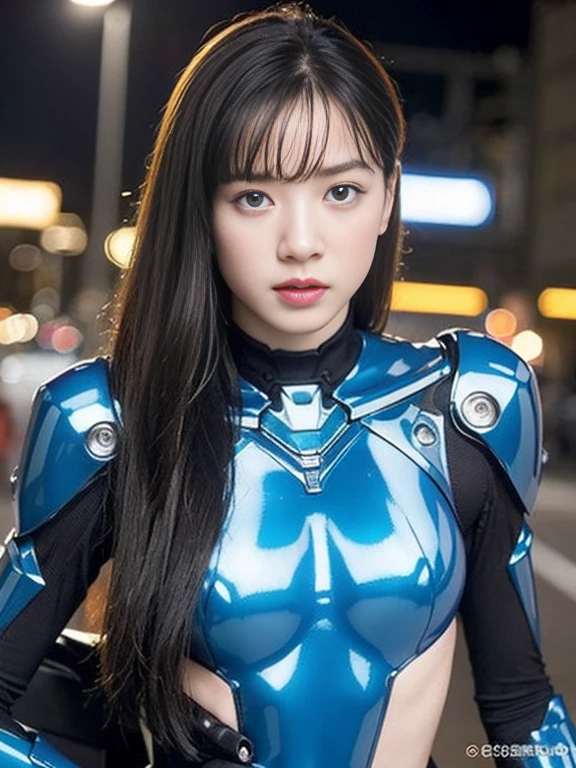 detailed photo of a futuristic beautiful female chinese warrior in a dystopian city, tattered outfit with rusty metal armor plates, long wild hair, tattooed arms and body, fashion pose, blue eyes with round iris, detailed face, apocalyptic environment, natural body pose, professional photographer, filmed with a professional SLR camera, professional fantasy artists, professional rococo and baroque background artists, professional artstation artists