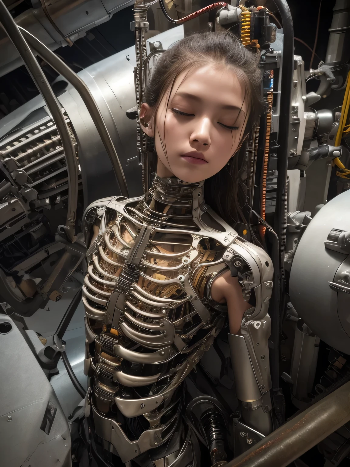 Arafed woman in a metal body suit sitting in a machine - SeaArt AI