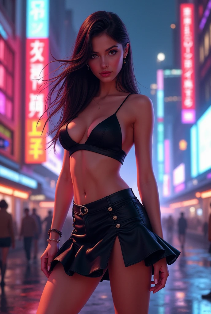 Full body a beautiful realistic punk woman full body, cute face, perfect anatomy, sexy lingerie dressed in a minimalist style. surreal abstract psichedelic 3d background is rendered, while the foreground contains out of focus silhouettes of the people enjoying the lighting night. Digital art, surreal background with female silhouette