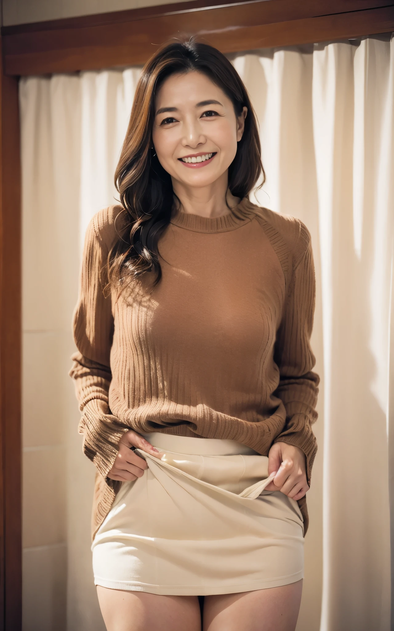 Photography, Highest quality, masterpiece, Ultra-high resolution, Beautiful Japan lady, 50 years old, look at viewer, disdain, Elegant face, Smiling with teeth showing, Wearing sweater and mini skirt, ((lifting skirt)), Medium long wavy hair, steamy bathroom, Background Blur
