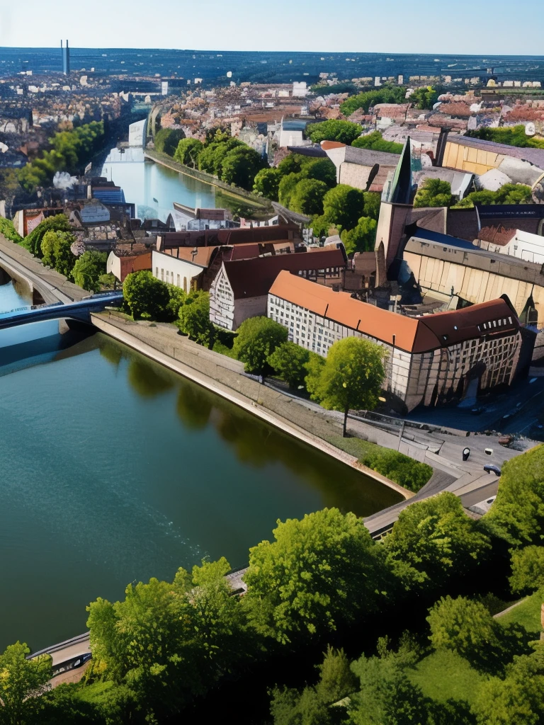 arafed view of a river running through a city with a bridge, nuremberg, germany. wide shot, building along a river, european river, germany, medieval cities, realistic photo of a town, seen from above, white buildings with red roofs, by Werner Gutzeit, view from above, arial shot, all buildings on bridge, by Robert Zünd