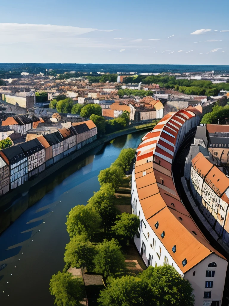 arafed view of a river running through a city with a bridge, nuremberg, germany. wide shot, building along a river, european river, germany, medieval cities, realistic photo of a town, seen from above, white buildings with red roofs, by Werner Gutzeit, view from above, arial shot, all buildings on bridge, by Robert Zünd