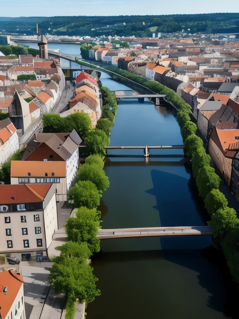 arafed view of a river running through a city with a bridge, nuremberg, germany. wide shot, building along a river, european river, germany, medieval cities, realistic photo of a town, seen from above, white buildings with red roofs, by Werner Gutzeit, view from above, arial shot, all buildings on bridge, by Robert Zünd