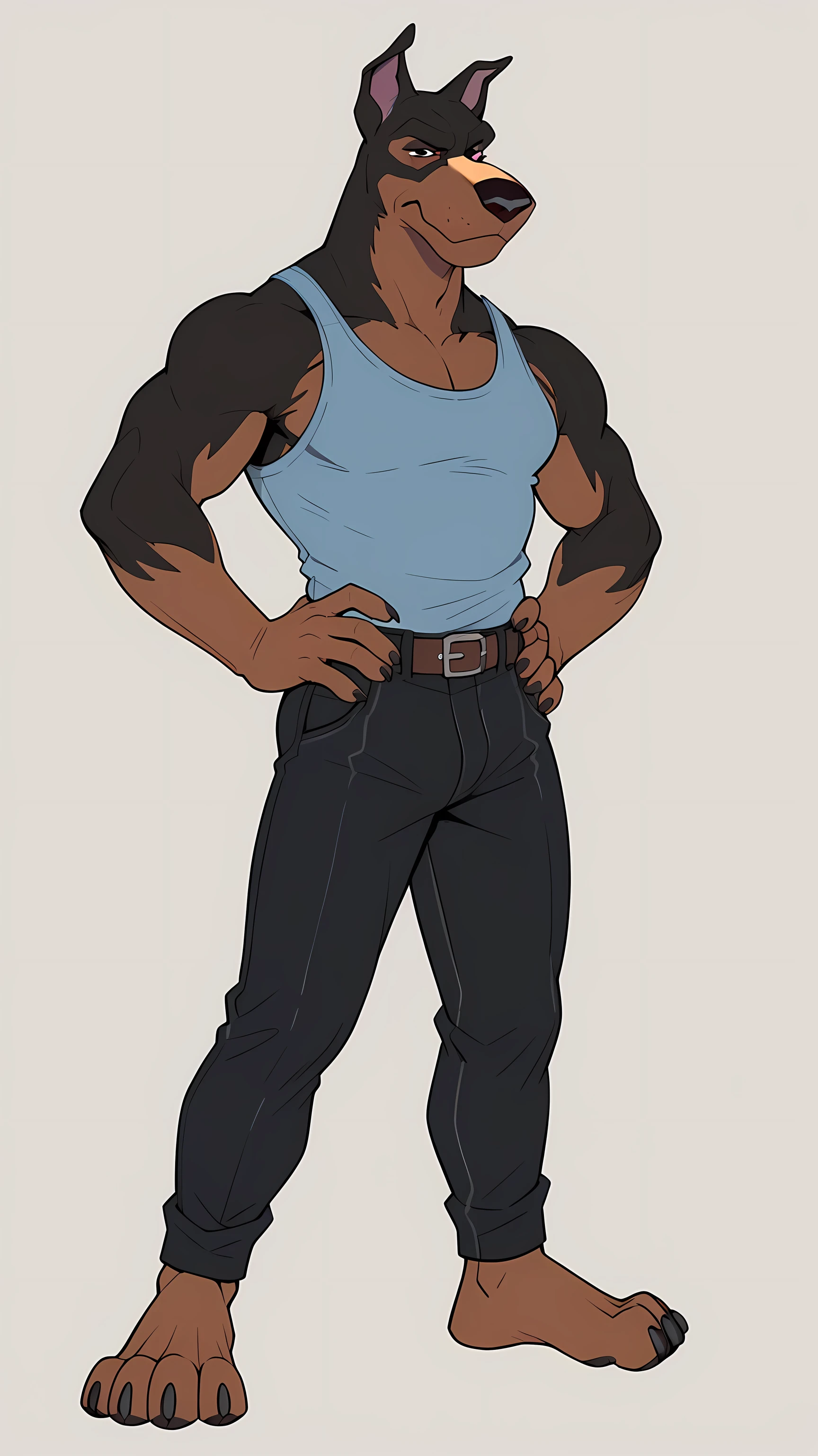 BusterLT, furry, anthro, anthro body, canine, doberman, black eyes, black nose, black body, black fur, brown body, brown fur, two tone body, two tone fur, pink inner ear, full body, heavyweight build, muscular, flat colors, simple background, detailed, posing, looking at viewer, closed mouth, smile, stern eyes, strong posture, hands on hips, belt, pants, bare feet, muscular neck