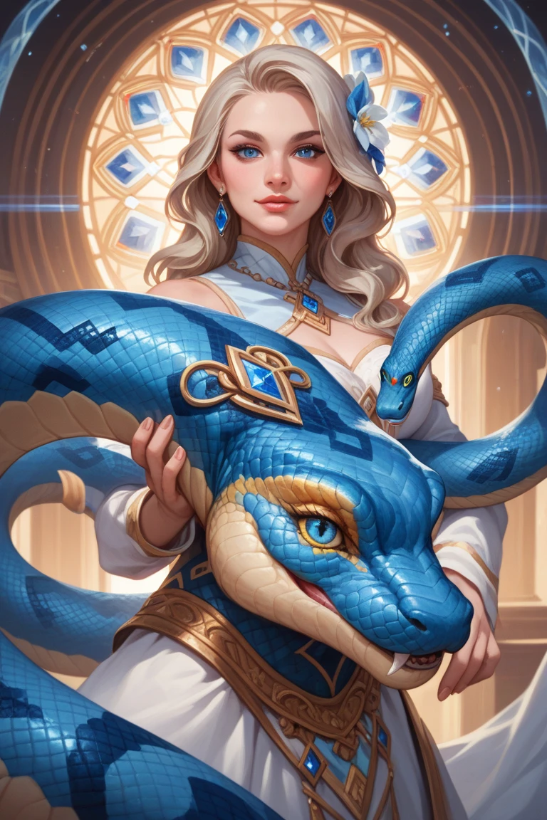 It is a gracefully curved, divinely colored, bright sky blue snake.  Its shiny scales are patterned with pale white and reflect light like glass. The snake strikes a pose and stares at the viewer with its sparkling blue eyes, exuding power and grace. The eyes are clear and kind, gentle like the character. In the background, spiritual clouds cover the image, giving it a sacred air even from a distance.