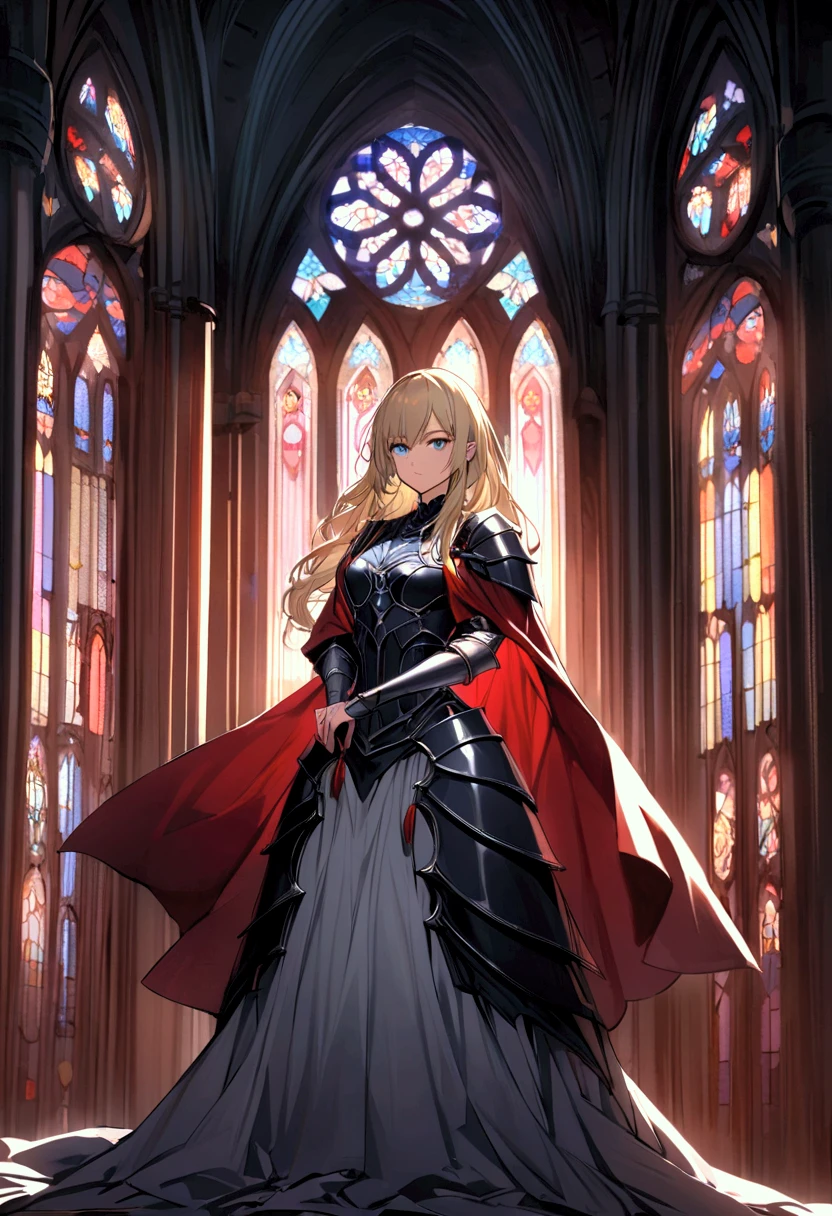 slender, mature female, 1girl,  light-skinned, with blonde hair and striking light blue eyes, stands in a grand gothic-style cathedral. She is with a serious expression and a poised posture.  Her hairstyle is long, flowing, and slightly wavy. She is adorned in elaborate, detailed armor; a  red cape flows elegantly behind her, over a white, fitted, flowing gown. The armor is dark gray and steel-blue, intricate and rich in detail. The gown features decorative patterns. Her dark gray armor includes pauldrons, and vambraces. She carries a long, dark red sword. The lighting in the scene is dramatic, highlighting the details of the armor, gown and the gothic cathedral. The cathedral's stone arches and stained glass windows are depicted with a delicate, almost ethereal, light passing through.  