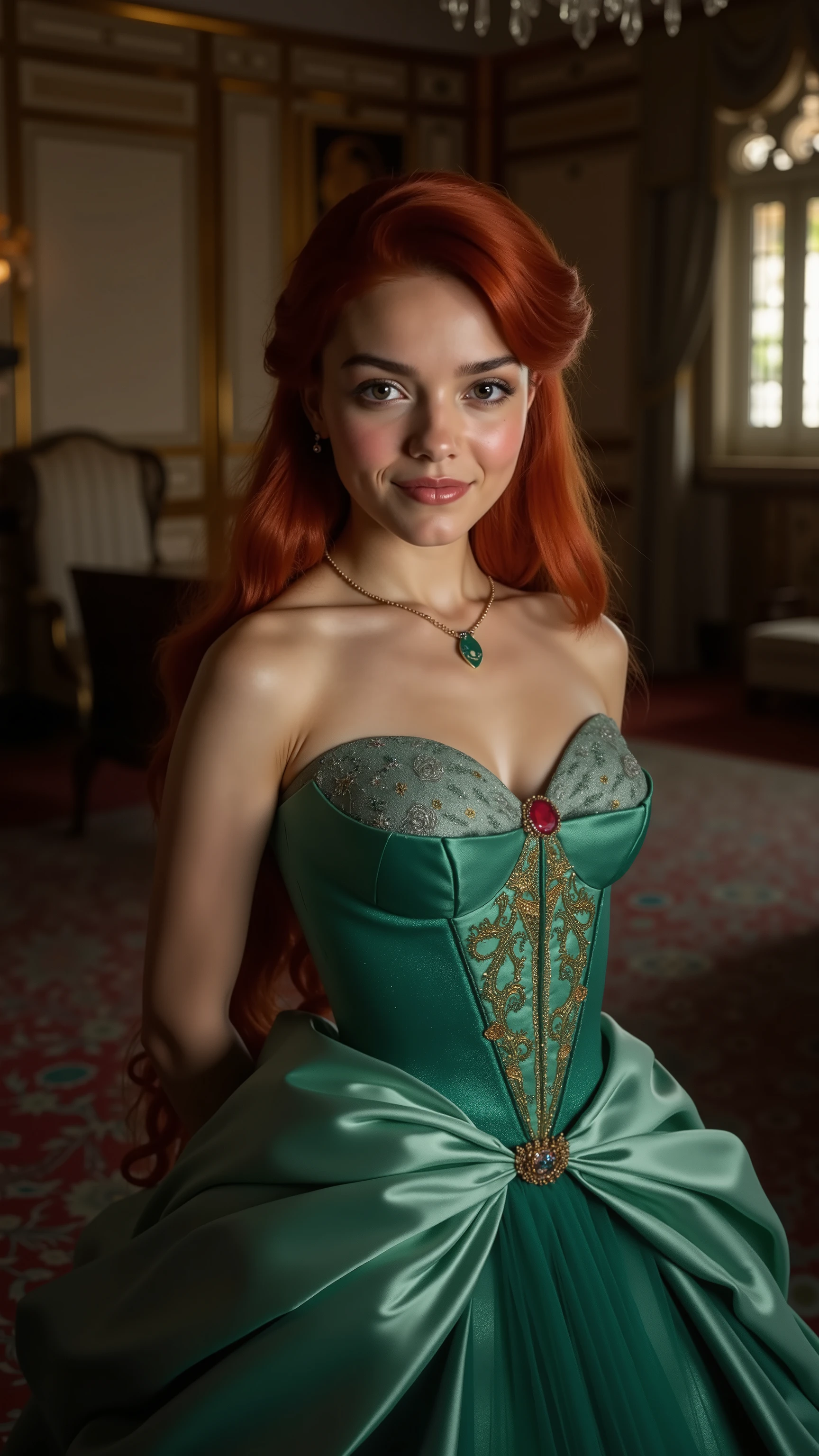 Very Close-up high angle portrait  with a fish eye lens of a busty figure, a   in a ariel costume with her breasts bursting out of the bodice, the bodice is too small for her breasts, ornate ball gown, ((18 years old with tiny breasts; Disney princess Ariel costume; glued to the body; beautiful and elegant; tiny breasts; red hair swept to the side))) and piercing gaze, standing in a dimly lit palace room with ornate designs and a high ceiling, with just a hint of early morning sunlight peeking through the windows. She stands firm, hands clasped behind her back, as she gives a slight  smile. The lighting in the room is dim with a lot focus on her tiny breasts