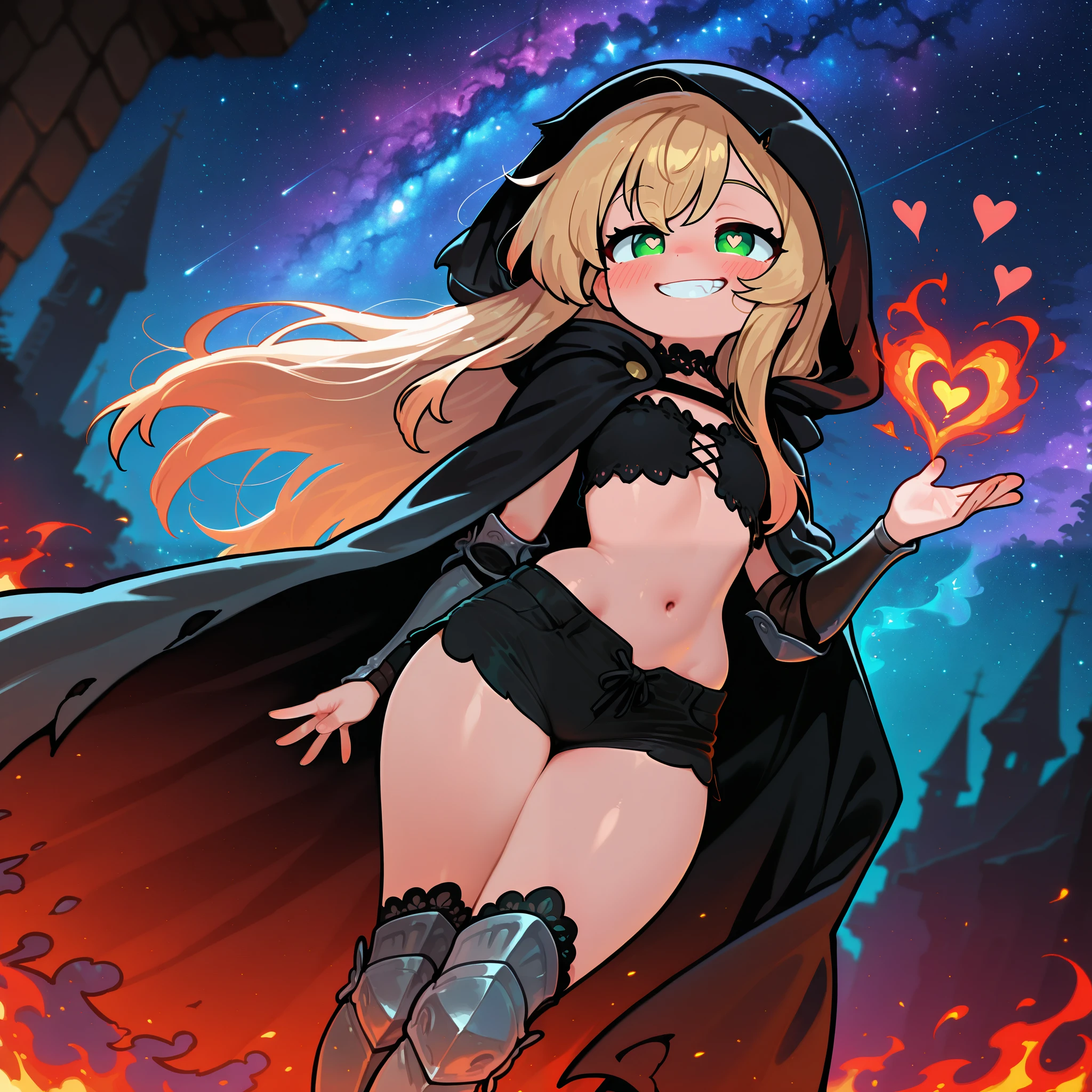 masterpiece, best quality, amazing quality, very aesthetic, absurdres, newest, detailed shading,(dutch angle), petite, blonde, cloak, tiny lace top, flames, magic, windy, green eyes, wide hips, midriff, vibrant, starry sky, black shorts, greaves, grin, hood, long hair, blush, hearts, heart flames