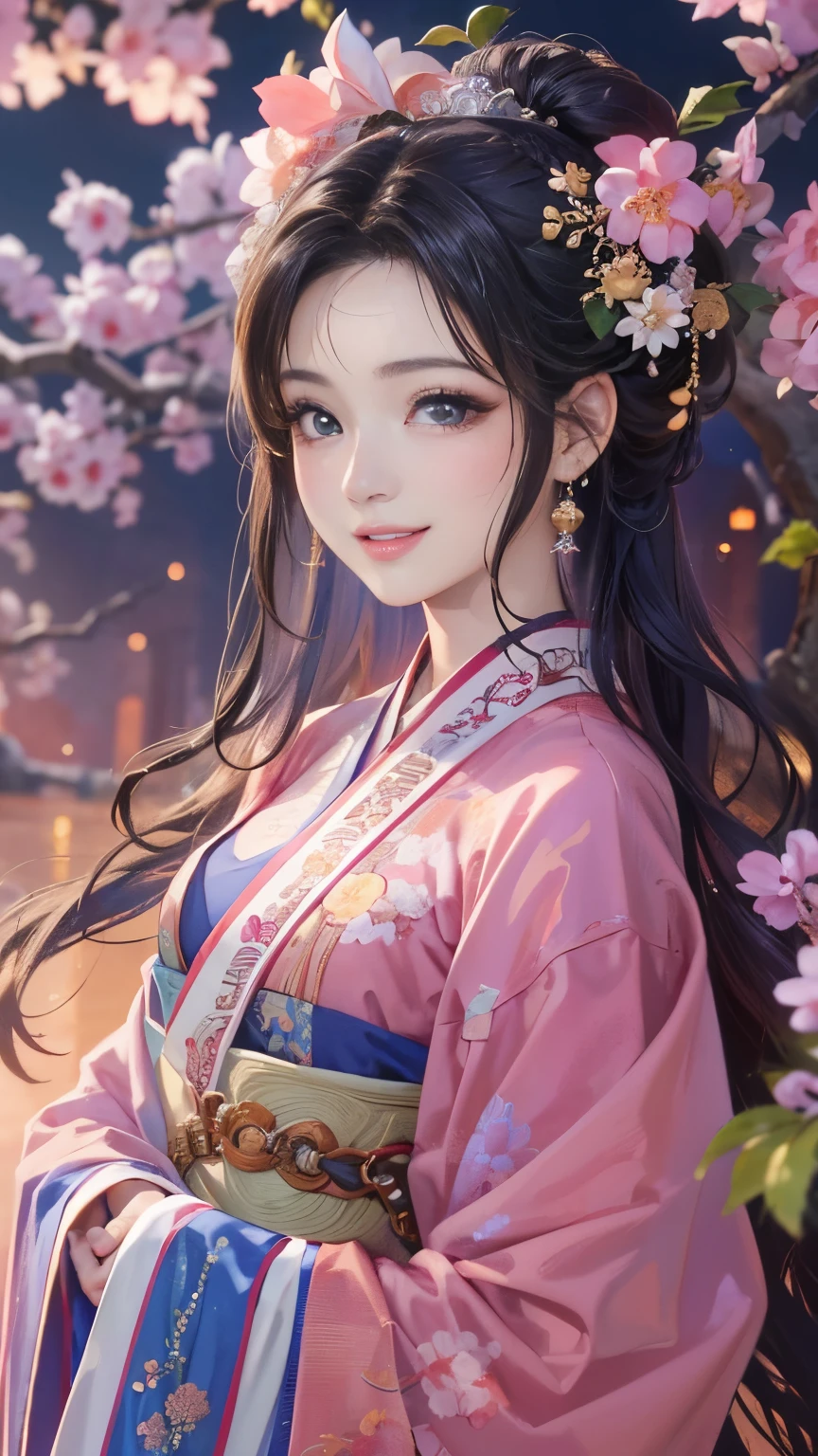 (    high resolution、Masterpiece、 best quality 、8k、 very detailed )、    A Young, Beautiful Woman  、 beautiful faces、 cute lips、 moderate breasts at night、brown and black round hairstyle 、Smiling Eyes、Hanfu、  cowboy shooting、background、 fantasy world 、Immortal Realm、palace、Peach Tree、  CG in detail、