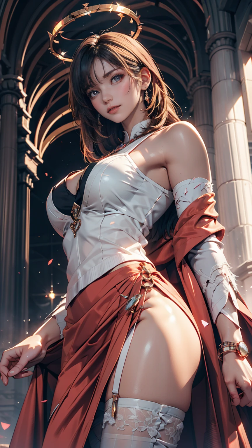 Dark Souls, Dim Light, Old Church, Mature Woman, slim, expensive, Long blonde curly hair, Long black cape, Red leotard with long skirt, Long skirt with diamonds, Gold Bracelets, 8K, Official Style, European aristocracy