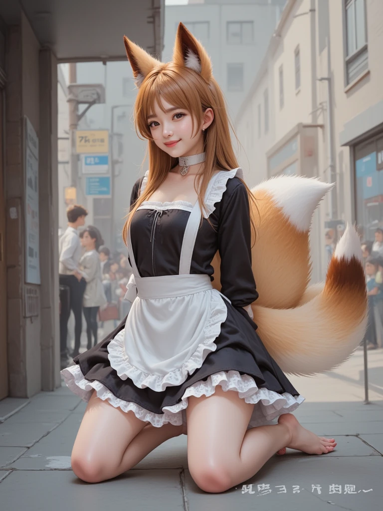 ((Highest quality)), ((masterpiece)), (Familiar), Perfect Face, fox lady, Pretty girl, Fox Ears, Fox tail, She has a northern fox tail, She wags her fluffy tail, She is a pretty maid, Beautiful hip line, Thick thighs, One big tail, A tail protruding from under the skirt, Nice body, Shyly showing off his tail, Only one tail, Troubled face, cat collar