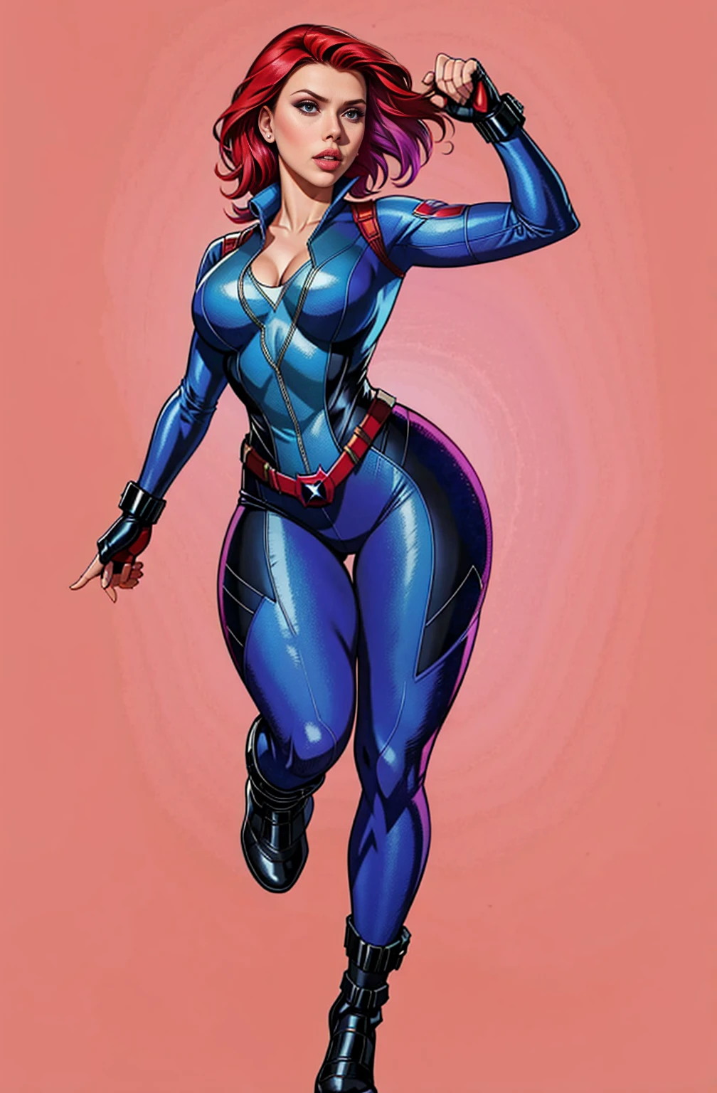 ((masterpiece)),(((best quality))),((character design sheet)), ((full body view)) illustration,1girl, muscular, ((black bodysuit:1.7)), superhero, (short curly red hair:1.5), (blue cape:1.5) ((detailed face:1.4)) beautiful woman, (short curly hair:1.6) (small head:1.2), (flat breasts:1.3), (blue thighhighs:1.3), shiny skin, (blue logo on chest:1.4),scribbles and marks, (puffy lips:1.5), (full lips:1.4) (wide hips:1.3), big lips, detailed lips, (red gloves:1.2) rough sketches, pose, 8k,16k, (simple background, white background: 1.3)