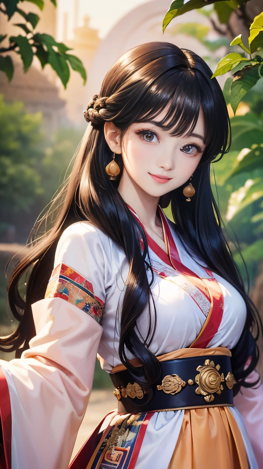 (    high resolution、Masterpiece、 best quality 、8k、 very detailed )、    A Young, Beautiful Woman  、 beautiful faces、 cute lips、 moderate breasts at night、brown and black round hairstyle 、Smiling Eyes、Hanfu、  cowboy shooting、background、 fantasy world 、Immortal Realm、palace、Peach Tree、  CG in detail、