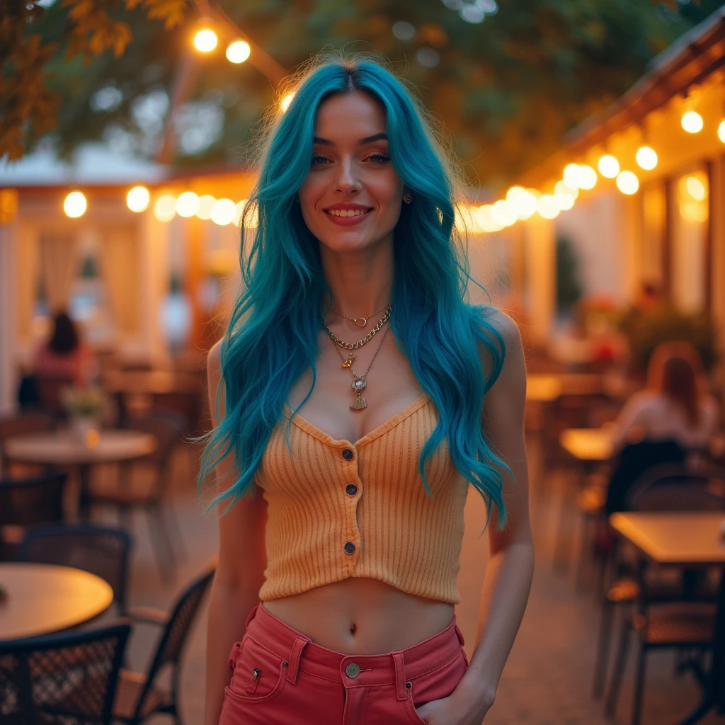 russian woman, 20 year, hair blue, streets of Brazil, sunset, sitting on the chair, in a bar, Grinning