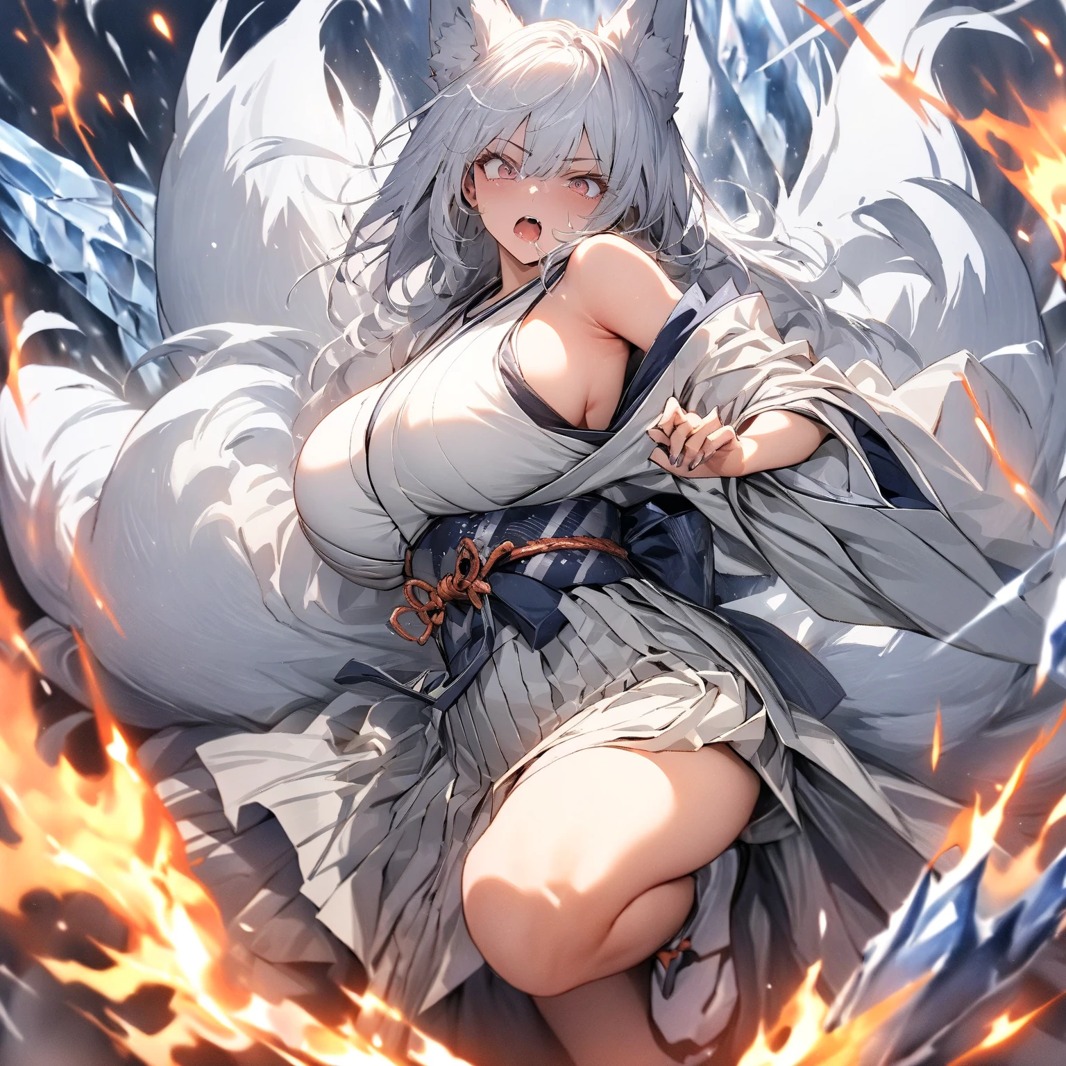2 women, furries, exposed breasts, , medium breasts, wolf ears, wolf tails, exposed vaginas, cum, creampie, dripping, spread legs, lower angle, silver hair, two women, princess mononoke, crotch exposed,
