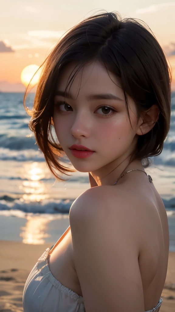 Mustepiece, top quality, illustration, ultra-definition, fine details, high resolution, 8K wallpaper, perfect dynamic composition, beautiful detailed eyes, wearing a dress, natural color lips, beach, random cute pose, perfect and beautiful face , cute, sexy face, sunset, feminine face