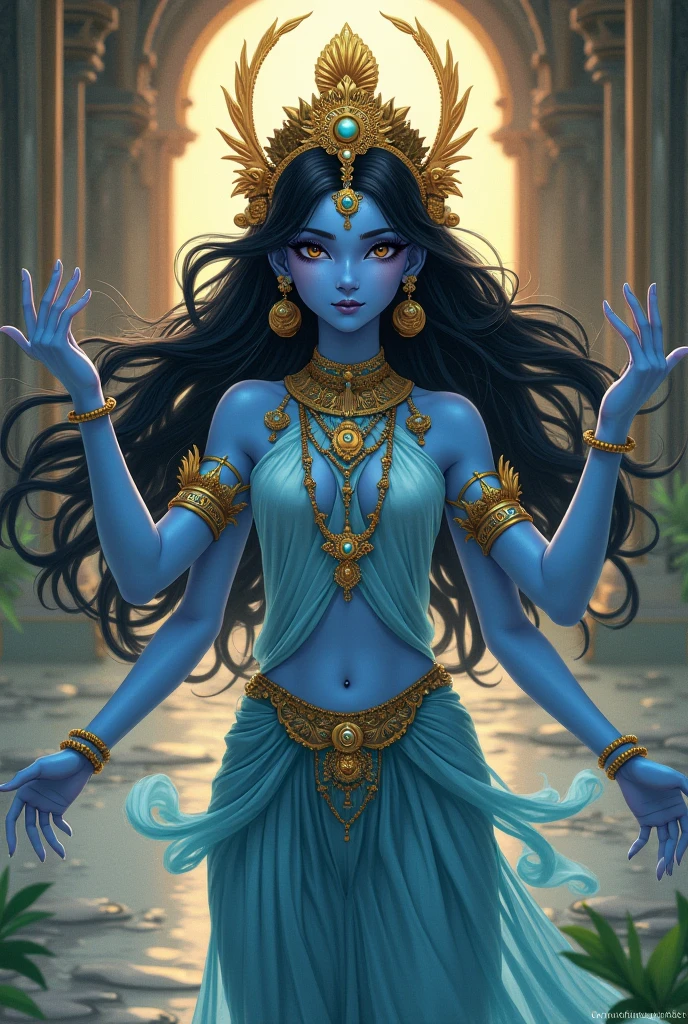 a cartoon of a woman , indian goddess, goddess. with a blue body and gold accents, blue djinn, djinn human hybrid, kali, commission for high res, extremely high detail, beautiful genie girl, blue tiefling, cyborg hindu godbody, vriska serket, apsaras warrior, samira from league of legends, indian goddess of wealth, six arms, 6 hands, Toung out, full body, gold chain,