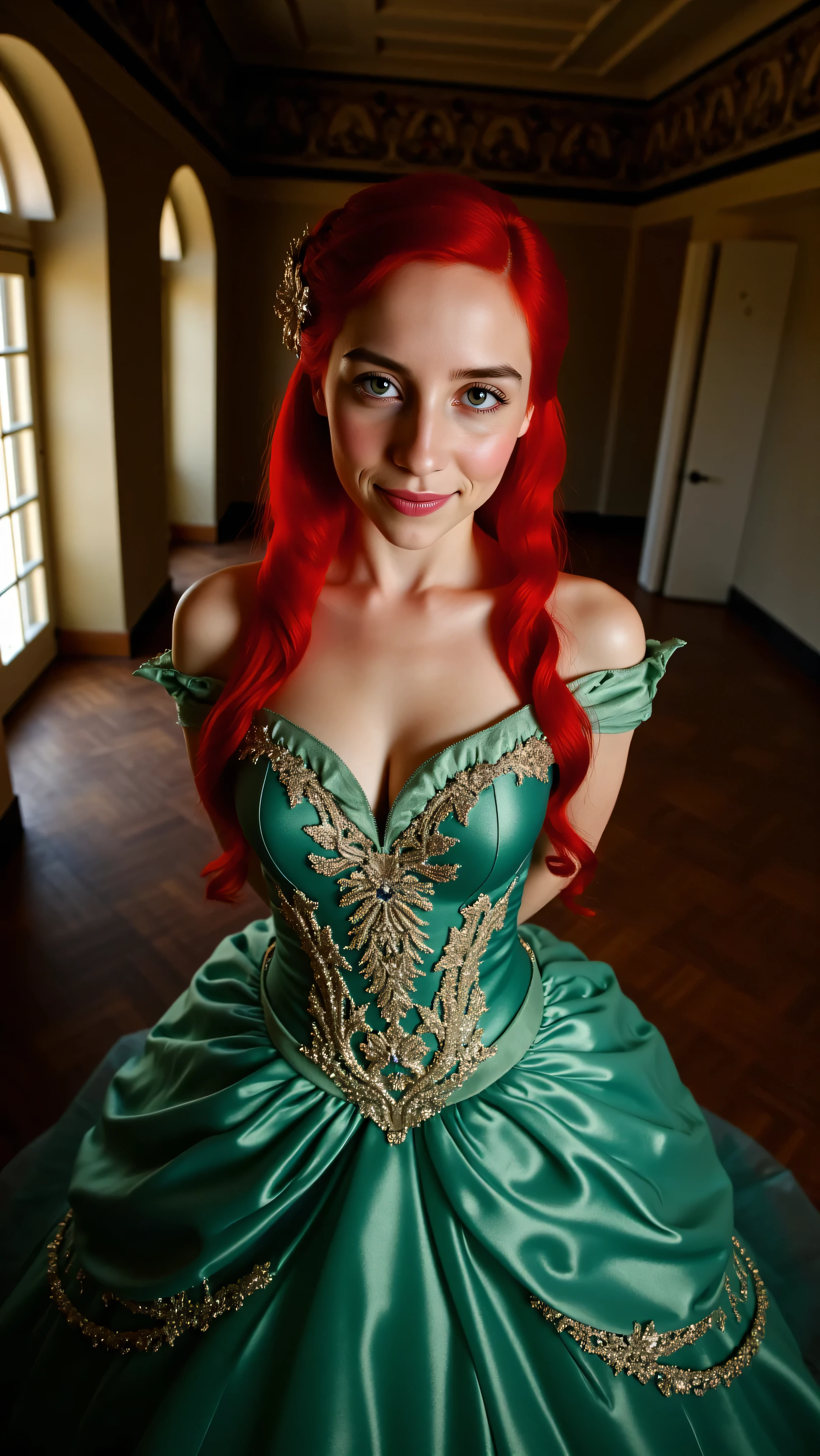 Very Close-up high angle portrait  with a fish eye lens of a busty figure, a young   in a ariel costume, ornate ball gown, ((18 years old with tiny breasts; Disney princess Ariel costume; glued to the body; beautiful and elegant; tiny breasts; red hair swept to the side))) and piercing gaze, standing in a dimly lit palace room with ornate designs and a high ceiling, with just a hint of early morning sunlight peeking through the windows. She stands firm, hands clasped behind her back, as she gives a slight  smile. The lighting in the room is dim with a lot focus on her tiny breasts