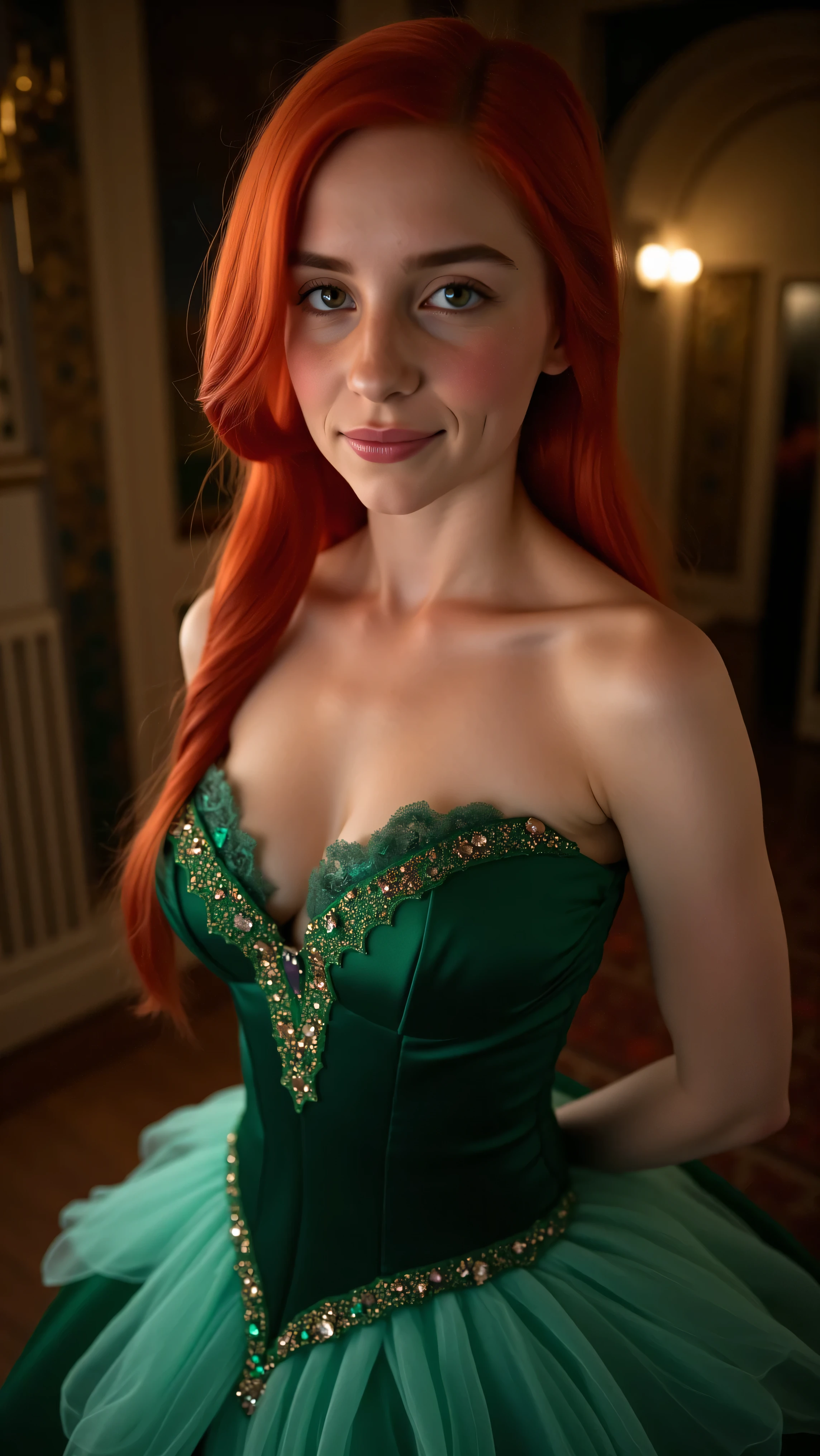 Very Close-up high angle portrait  with a fish eye lens of a busty figure, a young teen  in a ariel costume, ornate ball gown, ((18 years old with tiny breasts; Disney princess Ariel costume; glued to the body; beautiful and elegant; tiny breasts; red hair swept to the side))) and piercing gaze, standing in a dimly lit palace room with ornate designs and a high ceiling, with just a hint of early morning sunlight peeking through the windows. She stands firm, hands clasped behind her back, as she gives a slight  smile. The lighting in the room is dim with a lot focus on her tiny breasts