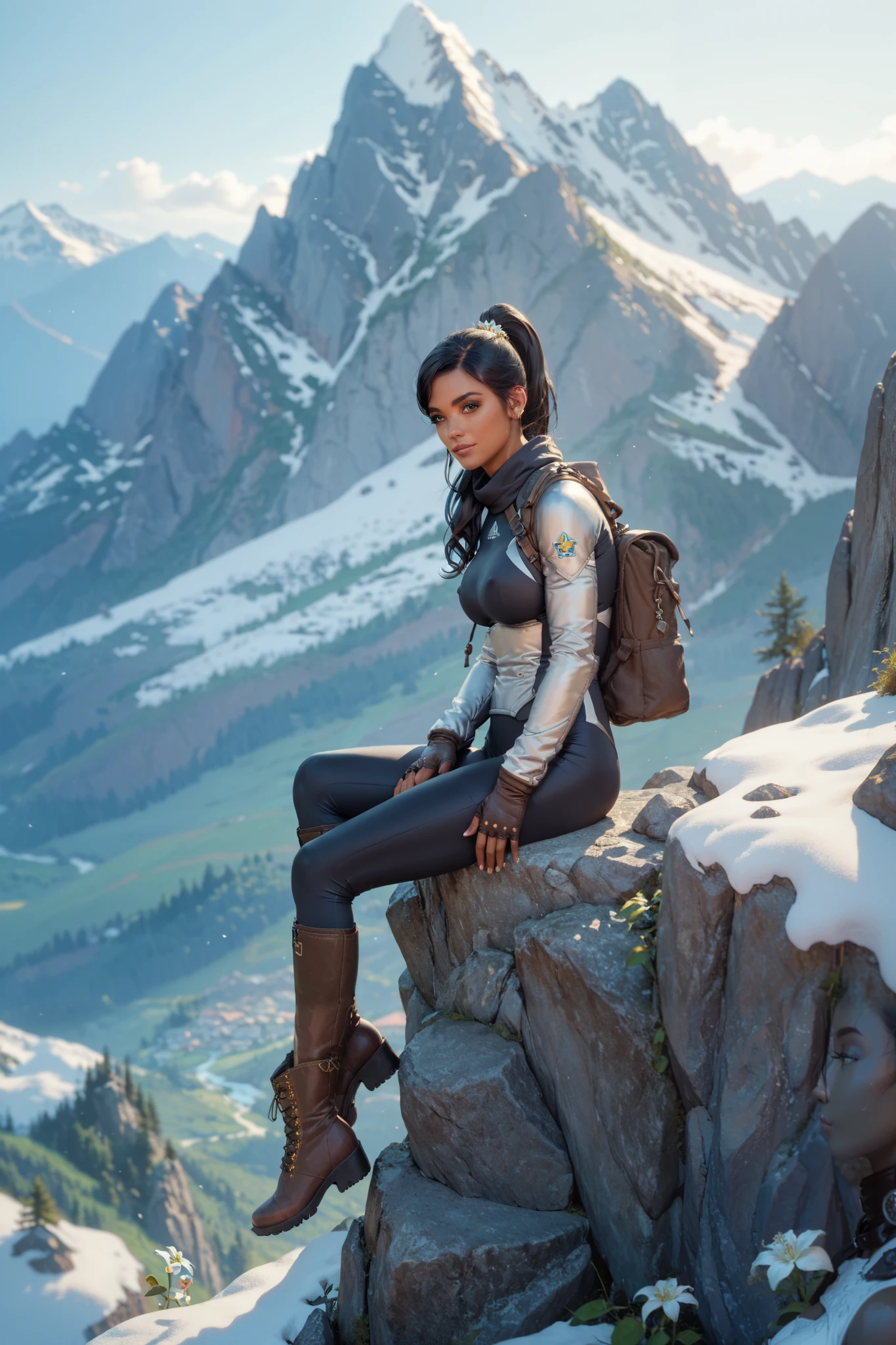 beautiful Latin  woman, perfect body, sitting on the edge of a mountain, mountaineering clothing, sexy, olive skin, Black Hair, Ponytail, Large breasts, Best Quality, mountaineering boots, moncler_hermine.