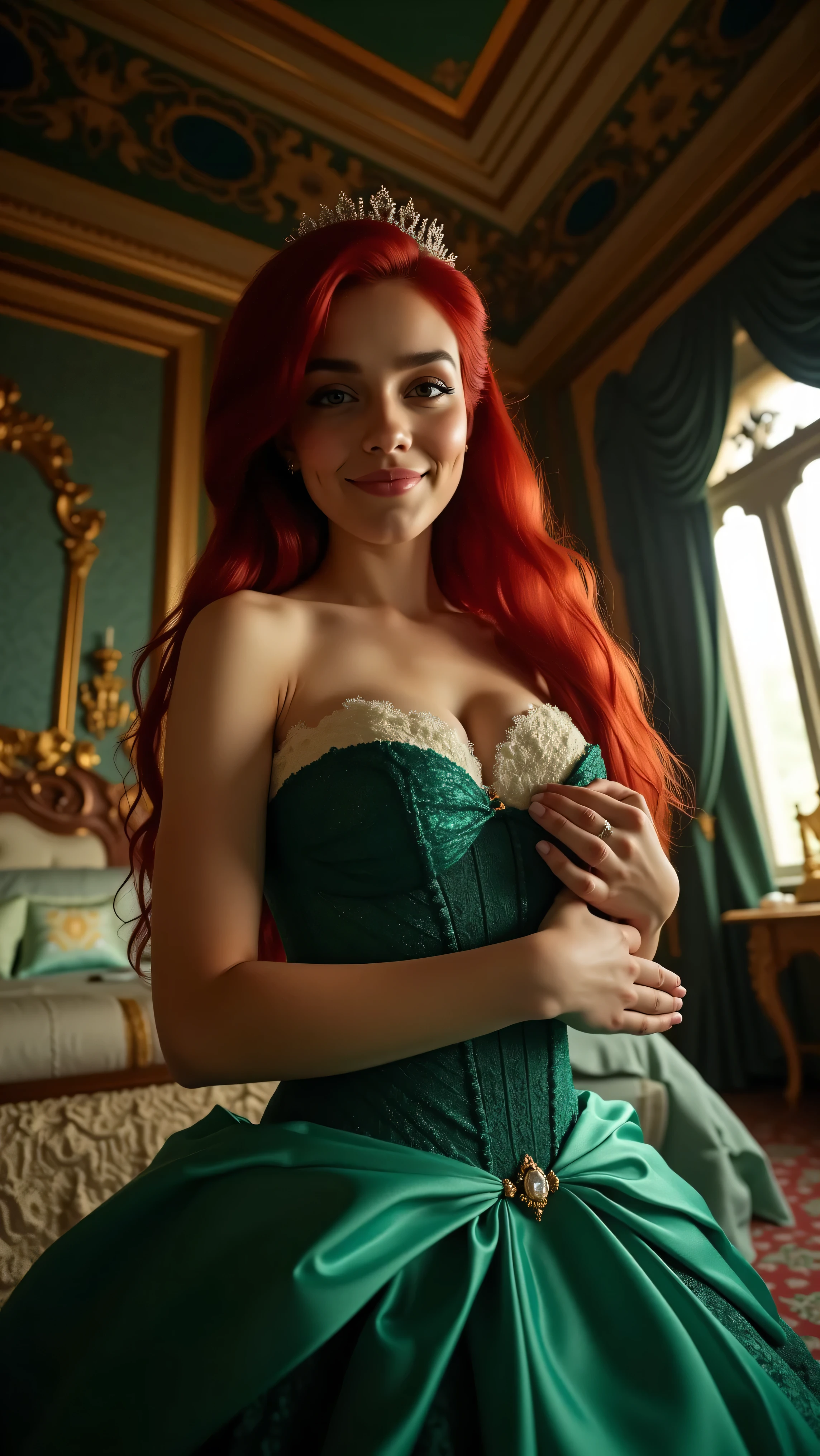 Very Close-up low angle portrait  with a fish eye lens of a busty figure, a young teen  in a ariel costume with her breasts bursting out of the bodice, she is undressing in her bed chamber, the bodice is too small for her breasts, ornate ball gown, ((18 years old with tiny breasts; Disney princess Ariel costume; glued to the body; beautiful and elegant; tiny breasts; red hair swept to the side))) and piercing gaze, standing in a dimly lit palace bedroom room with ornate designs and a high ceiling, with just a hint of early morning sunlight peeking through the windows. She is undressing, loosening her bodice, as she gives a slight  smile. The lighting in the room is dim with a lot focus on her tiny breasts, she is lifting her dress and showing her pink lace panties