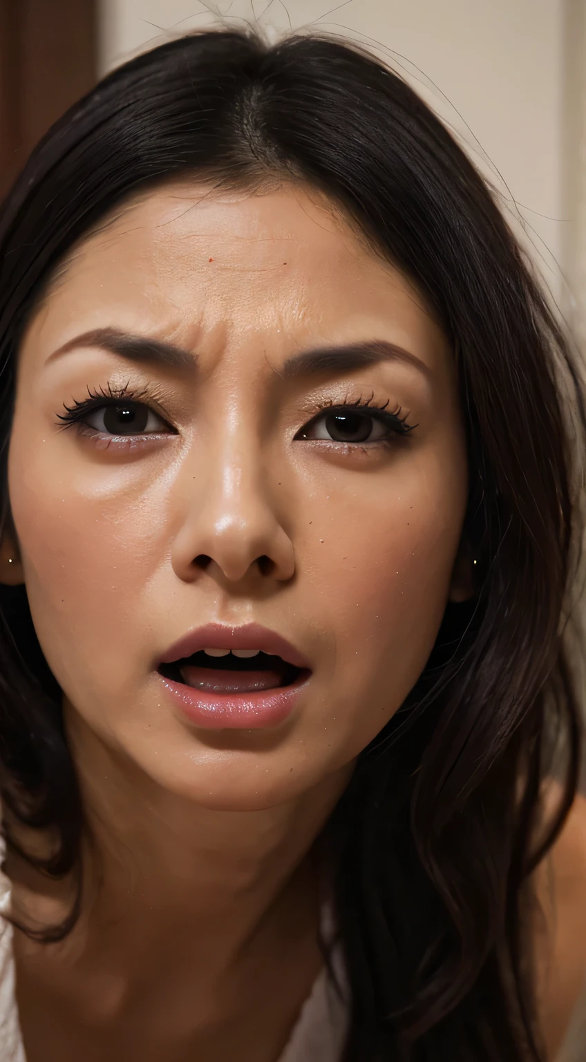 beautiful japanese actress,Realism, Surrealism, depth of field, UHD, retina, anatomically correct, textured skin, highres, best quality, super detail, 8k, I opened my mouth and opened my eyes.,35 years old、black haired、very small toilet,,tied up hair,,,medium shot,moaning, saliva trail, rolling eyes, furrowed brow, crazy eyes,