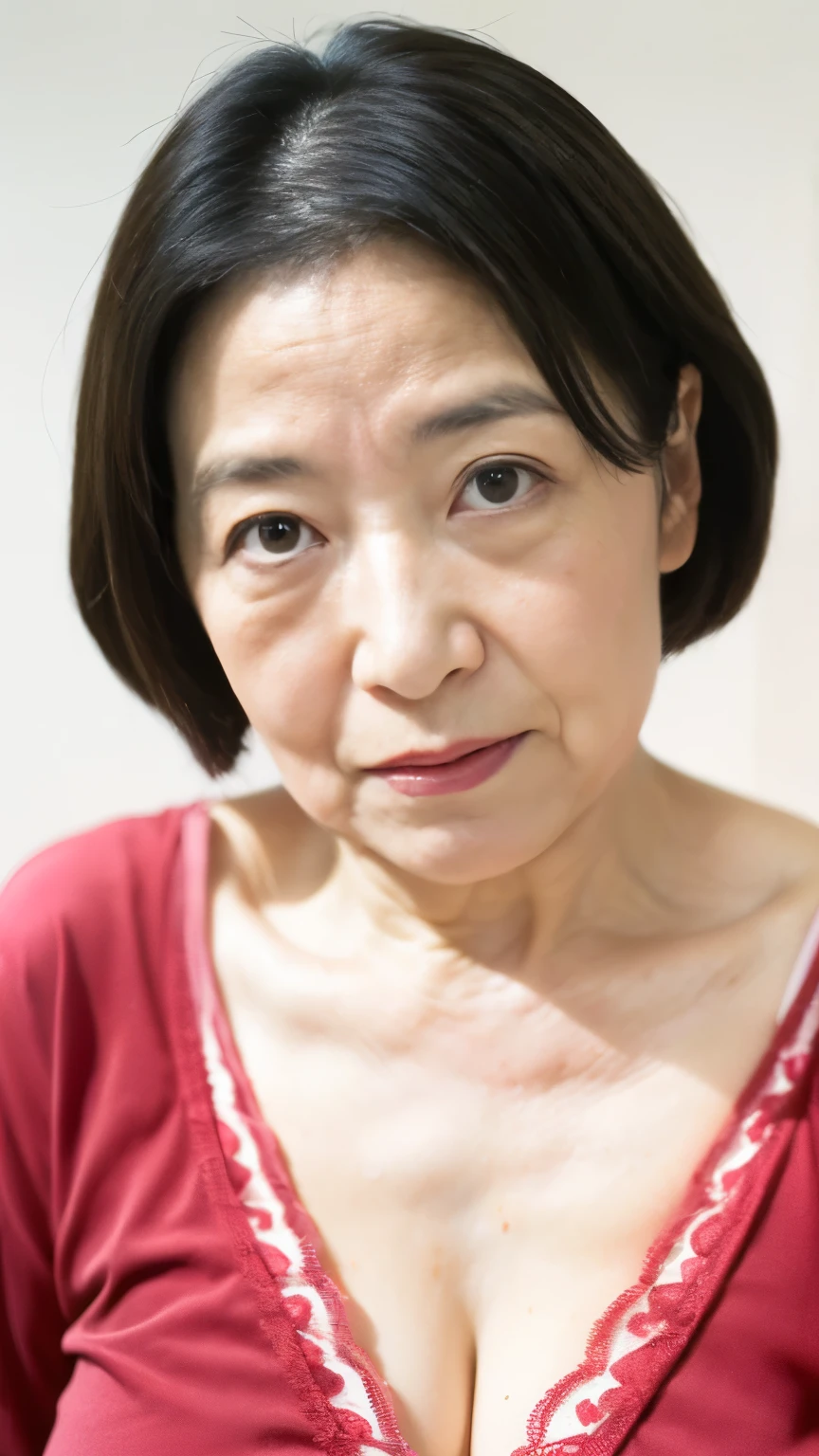 (((raw photo:1.5))), ((( depth of field:1.5))), (((最高Masterpiece))), (((16k:1.5))), ((( best quality :1.5))), Deep Focus , ((( high resolution:1.5))), (((ID photo composition:1.5))), (((Uchihara Michiko :1.5))), ((( Focus on face:1.5))), (((Clear contours))), Professionally filmed, ((( late elderly :1.5))), No discomfort, (( Accurate Description )), ((( Lewd facial expression :1.5))), ((( innerwear :1.5))), ((( sexyなブラジャーを着ている:1.5))), (((Alone))), wife:1.2, aunt:1.2, Chinoiserie , Older Mature Woman, red background , gravure, and sit , (( Face to face in the center of the screen)), Beautiful goddess face , Properly drawn lips , red lips, flashy makeup , From the chest up, Masterpiece, best quality , More Details , Photorealistic, More Details 細なスキン, COMPLETE ANATOMY , ('s greatest masterpiece:1.6), ( positive ), 280 year old , huge breasts, Draw the upper body:1.3, mature pornstar, Charming, sexy, Chromo white skin, Stare straight at me ,