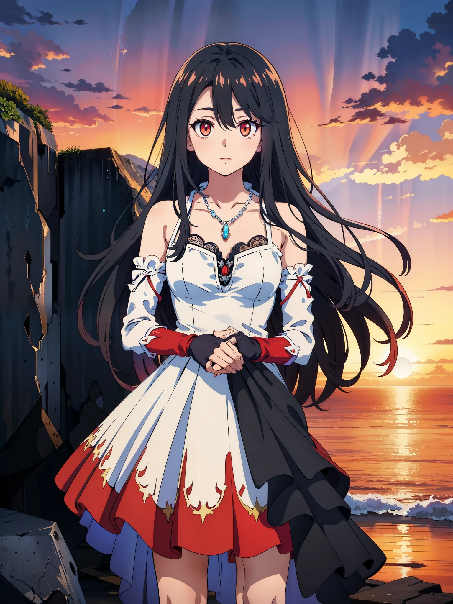 (high-quality, breathtaking),(expressive eyes, perfect face) 1girl, female, solo, ager, black color hair, red highlight in hair, red eye color, short hair length, fluffy spiky hair, Symmetrical Eyes, portrait, positive expression, sunset, red sky, narrow eyes, fingerless glove, dress, necklace, stylized hairstyle, YunaSongstress, lace, detached sleeves, ocean background, embers, gradient tips of dress