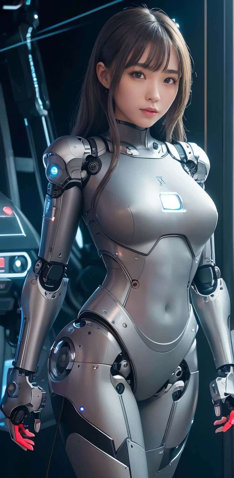 (Muscular:2), (thick thighs:1), (large round breasts:1), (large muscular chest and shoulders:1.4), FEMALE, brown hair, long brown hair, (big smile:0), (tight mecha arm, cute cyborg:1.5), looking at viewer, (three quarter view:1.2), upper body view, (white futuristic laboratory room:1.5), dark lighting, detailed skin, detailed eyes, (dark skin:1.4), (very thin waist:1.3), (huge round muscles:1.5),