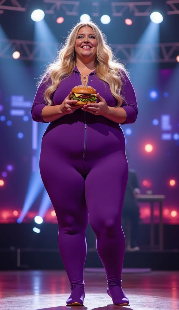 photorealistic, best quality, (hyper detailed: 1.4), (((eat an ice-cream:1.1))), long distance shot, ((plus size body:1.3)), blue eyes, blonde hair, Detailed eyes, ((wearing blue suit:1.5)). beautiful young woman, (Highly detailed face:1.4), smile, exuding a natural glow, soft lightning, day time, park view, jaw-dropping beauty, sexy, seductive, vivid colors
