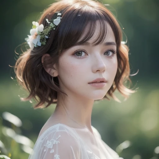 Cute woman in the drizzle, ( elegant , beautiful faces), white dress, Forest Moss, (Freckles:0.8), Flower Field, , Curly Red Hair, Magical Atmosphere , ( short hair), (( detailed skin, skin texture)), more details, ( Charming Elizabeth 2 , details, Hyper Details ), ray tracing, subsurface scattering, ( against a fantasy underworld backdrop), Soft diffused light, shallow depth of field, on ne (Weather in Oliver), Sharp Focus Bokeh , ( photo quality is very high :1.4)