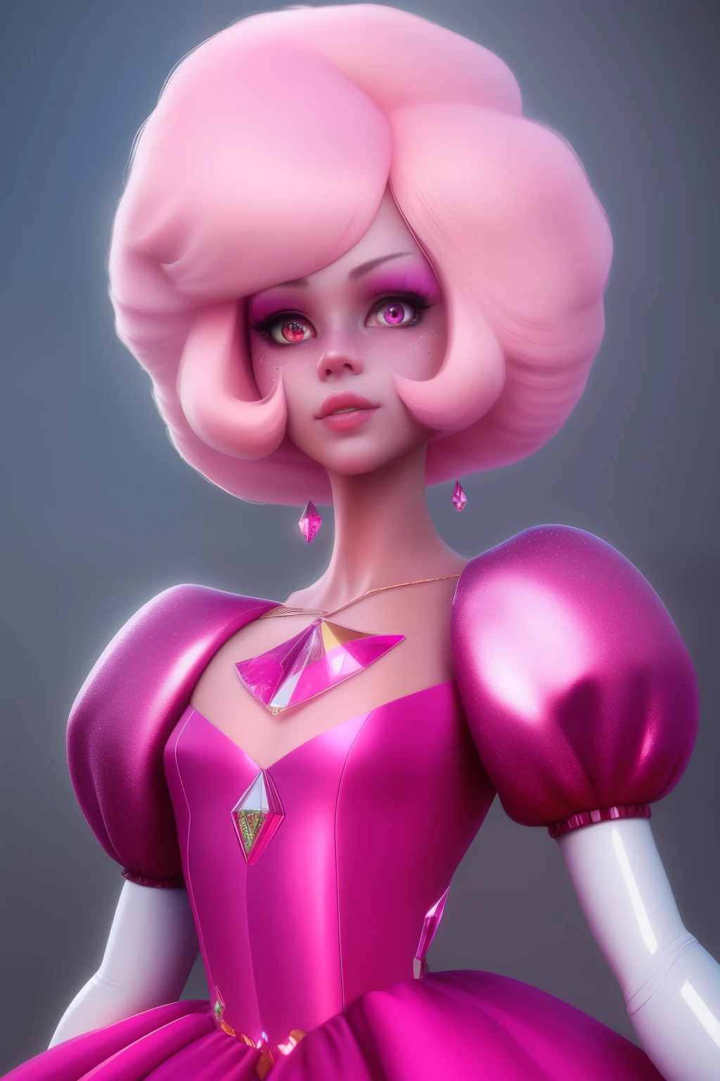 pnkdamond, pink hair, pink eyes, big hair, stomach gem, pink skin, toned,
puffy short sleeves, elbow gloves , white thighhighs, puffy dress,
standing, upper body,
outerspace,
(insanely detailed, beautiful detailed face,beautiful detailed eyes, masterpiece, best quality) cinematic lighting, smile,