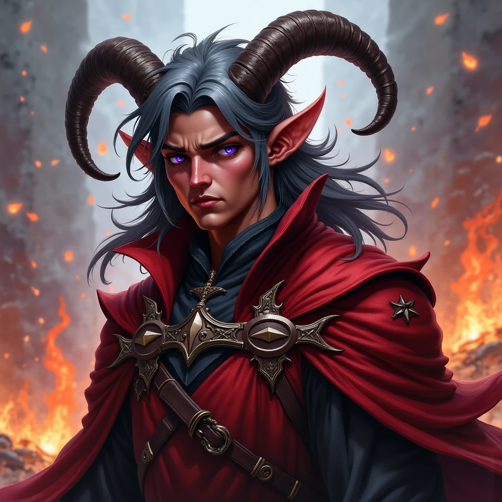 This is an ultra high quality, masterpiece, super detailed, ((((2d fantasy art portrait)))) of a ((Dungeons and Dragons character)). He is a handsome young (((((tiefling gentleman))))). He is a warrior and an aristocrat, with a fit build and (((((red skin))))). He has (((((small ram's horns))))) growing out of his forehead, (((exotic-looking bright violet eyes))) and a thick mane of ((well-groomed slate grey hair)). He is ((((clean shaven)))) but has (((long sideburns))). He is wearing medieval nobleman's garb in shades of red and grey. He is standing on a battlefield, with flames in the background. He has a sorrowful, forlorn expression on his face, looking profoundly sad.
