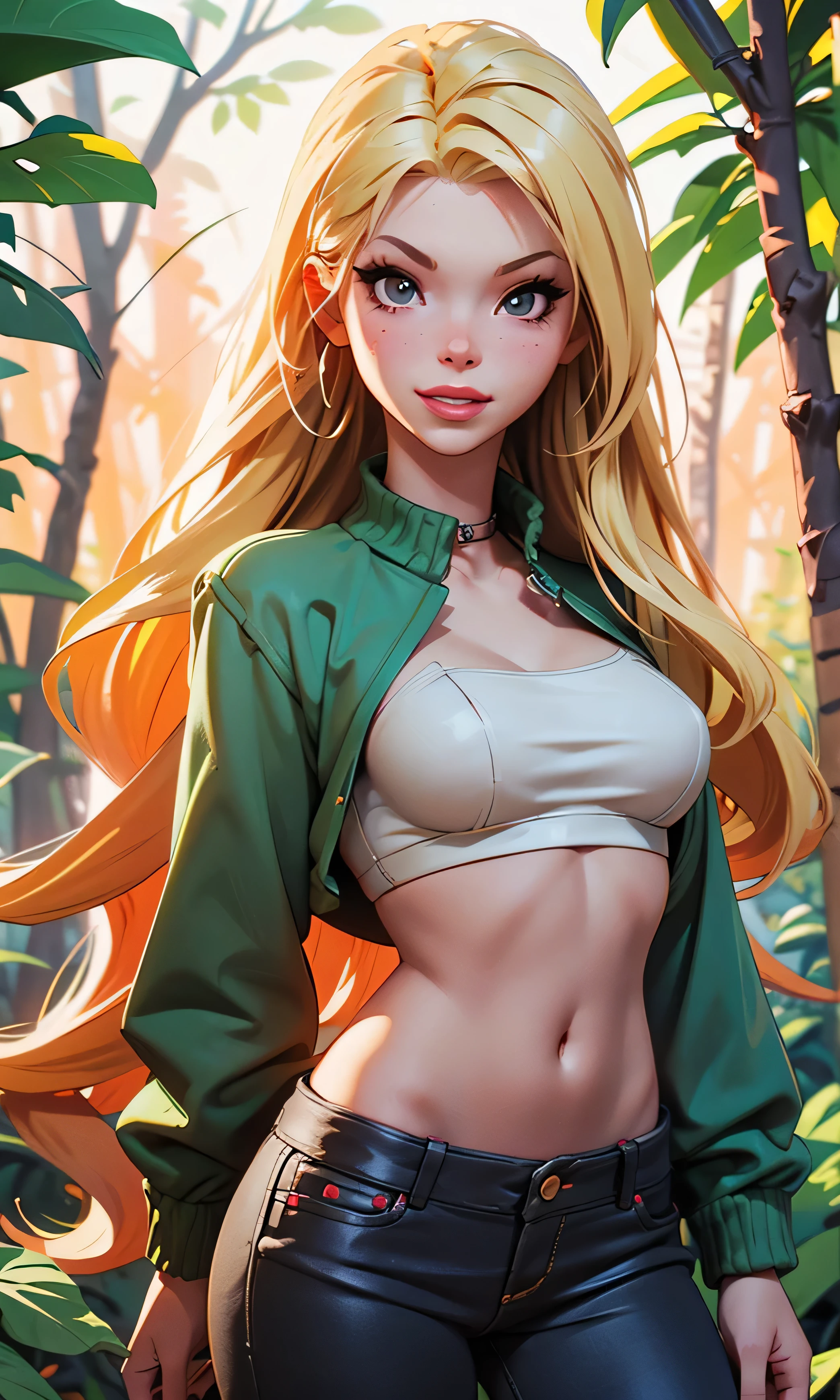 Barbie Sins , skinny, , pornstar, slim and tall, young, smile, blonde, long hair, white top, Crop top, medium breasts, in the forest, Textured skin, high detail, masterpiece, ((naked))