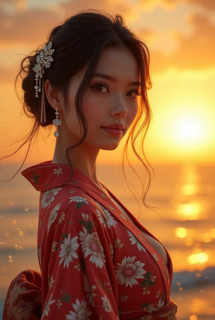 beautiful detailed woman in red kimono with open shoulders and legs, detailed face, beautiful breasts, sunset, highly detailed, 8k, photorealistic, dramatic lighting, elegant, cinematic, detailed hair, detailed fabric of kimono, beautiful scenery, vibrant colors, intricate patterns on kimono, depth of field, realistic skin tones