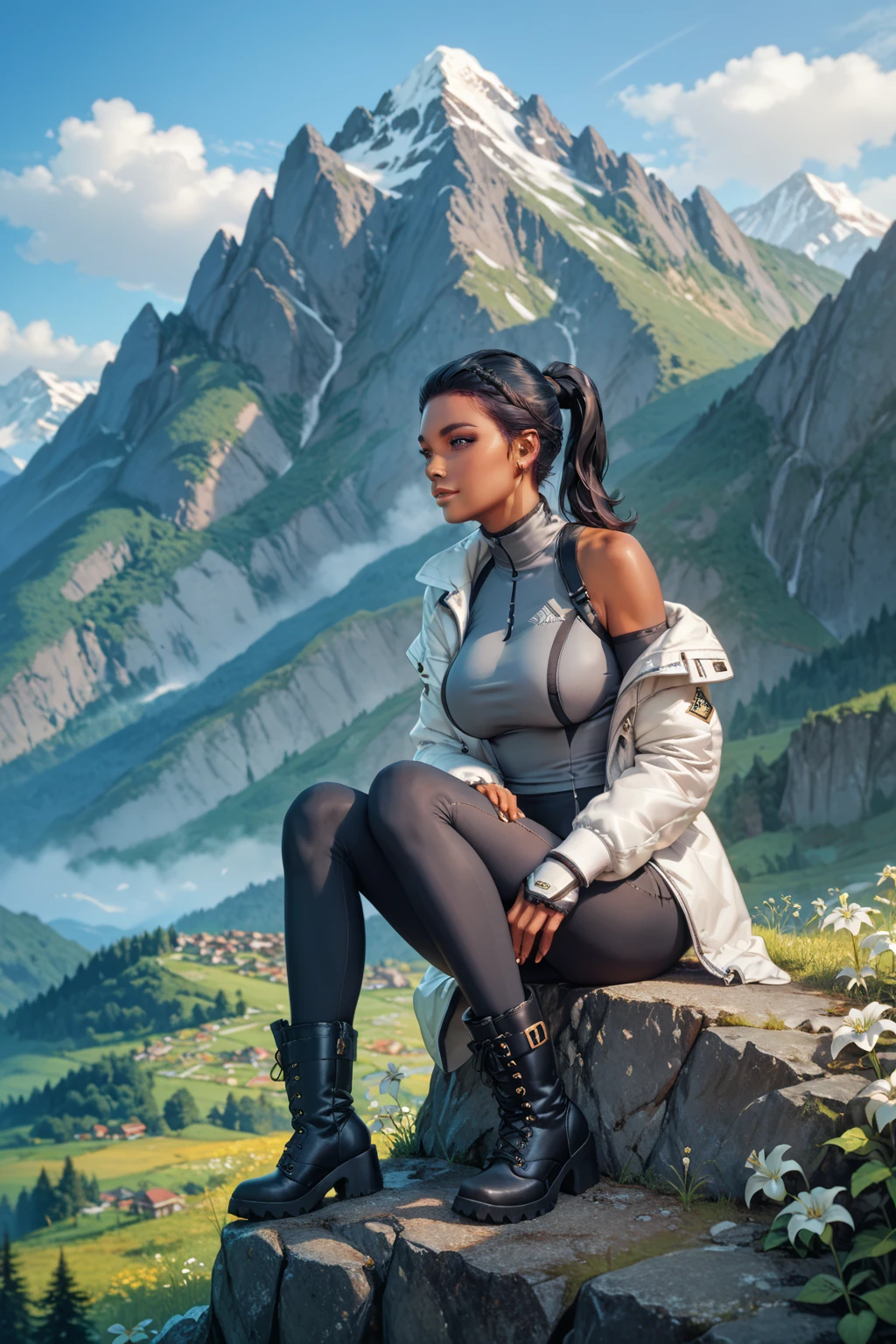beautiful Latin woman, perfect body, sitting on the edge of a mountain, mountaineering clothing, sexy, olive skin, Black Hair, Ponytail, Large breasts, Best Quality, mountaineering boots, moncler_hermine, white jacket,
